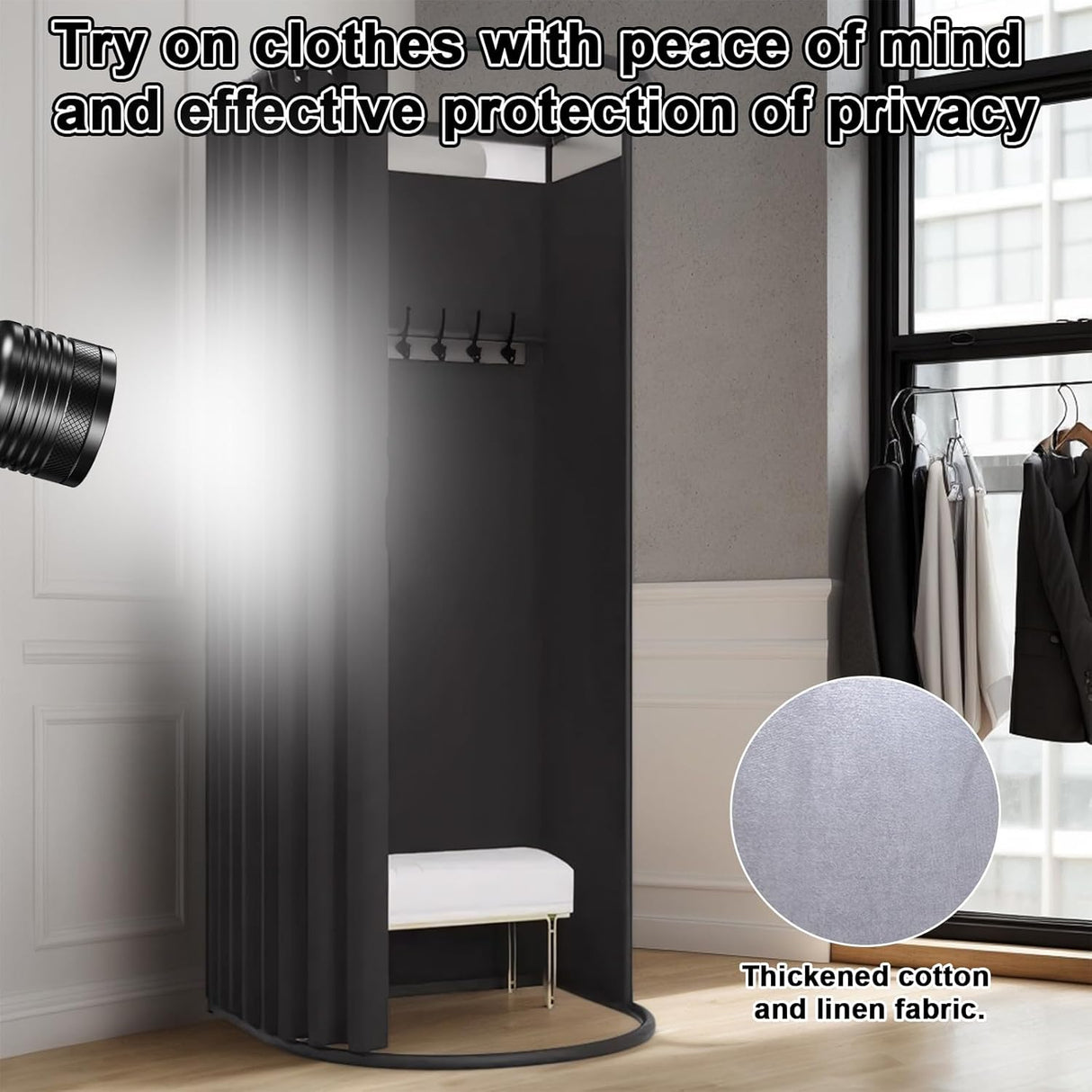 Movable Fitting Room, Portable Dressing Room Frame with Curtain and Hook,Temporary Privacy Space,Changing Room for Clothing Stores,Offices,Studios(35×32×79inch (Black, 100cm×95cm×200cm)