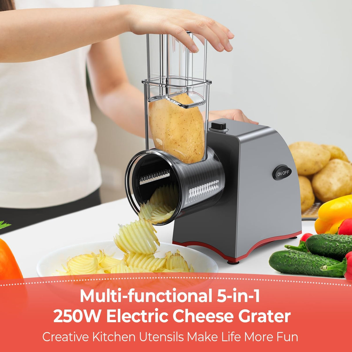 Electric Cheese Grater, 250W Upgraded 5 in 1 Professional Electric Vegetable Slicer, One-Touch Control Rotary Slicer Shredder Salad Maker for Cheeses Fruits Vegetables Nuts with 5 Replaceable Blades