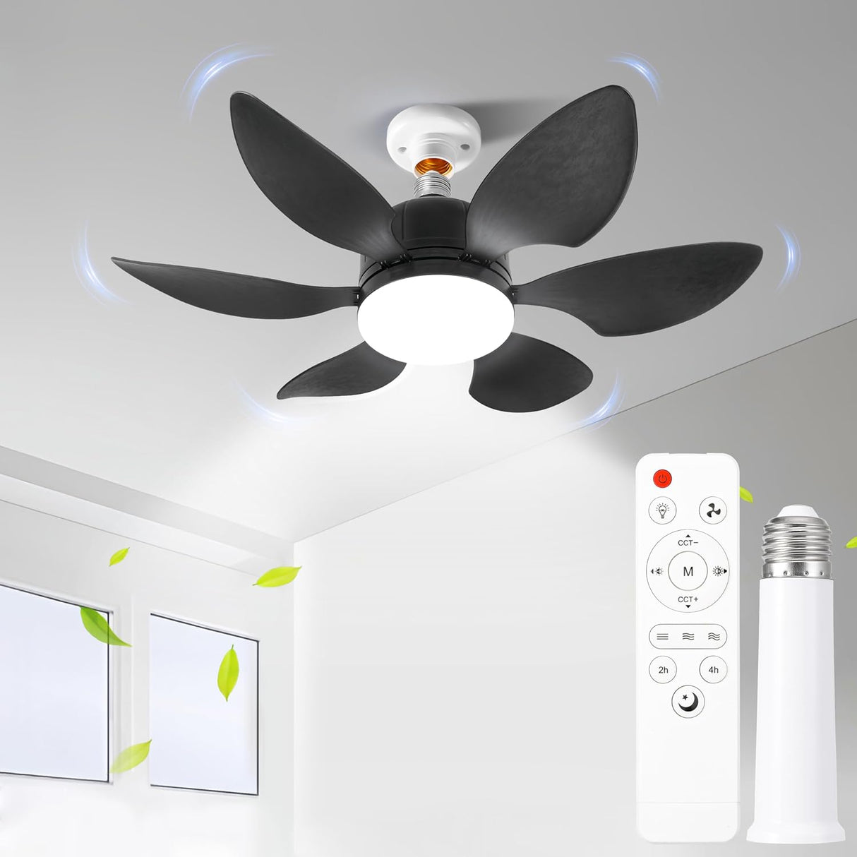 Socket Fan Light with Remote,Small Ceiling Fan with Light, 3 Colors 3500K-6000K, Easy to Install E27 Screw Base, Suitable for Bedroom, Living Room, Kitchen, Black