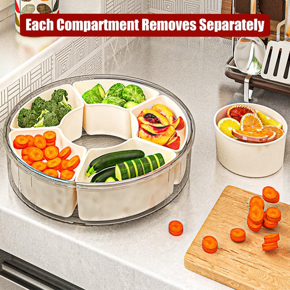 IRONA Portable Spinnable Snackle Box Container, Divided Dishes, Trays & Platters,Divided Rotating Serving Tray with Lid and Handle for Veggie, Fruit, Candy, Nuts, Divided Serving Platter