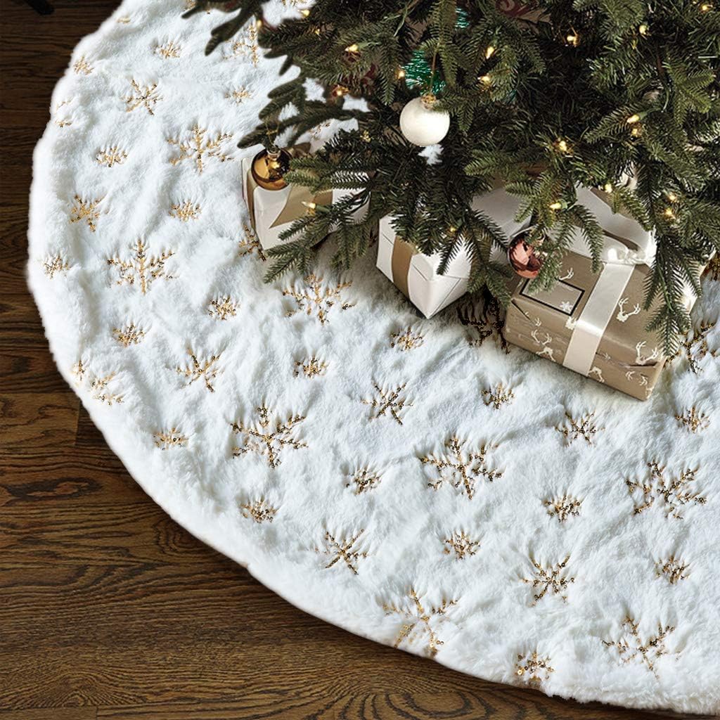 Christmas Tree Skirt - 48 inches Large White Luxury Faux Fur Tree Skirt Christmas Decorations Holiday Thick Plush Tree Xmas Ornaments (White/Gold)