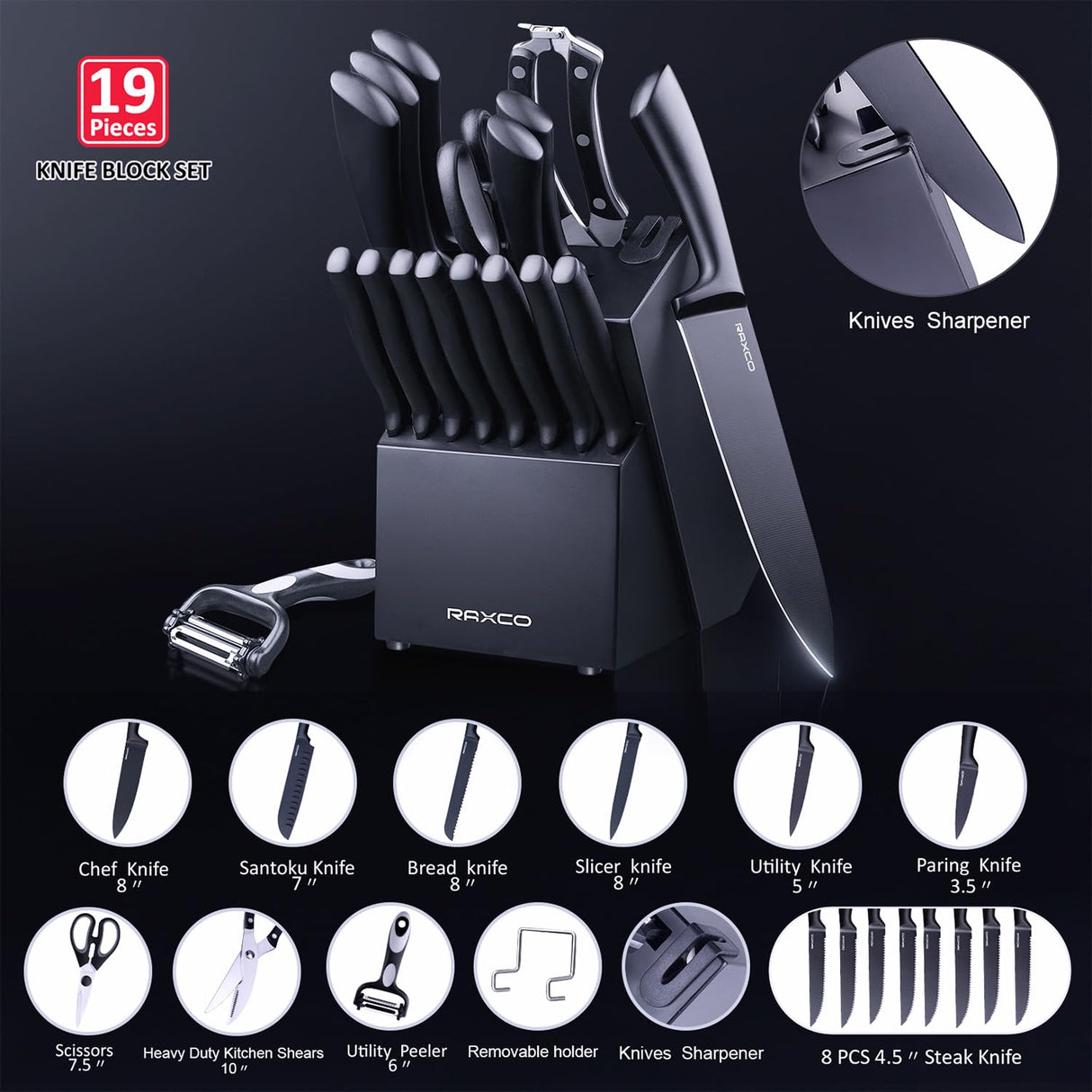 Knife Set Black, Knives Set for Kitchen Full Tang Steel Steak Knife Set(8)+Chef's Knives(6),Kitchen Shears(19-in-1)…