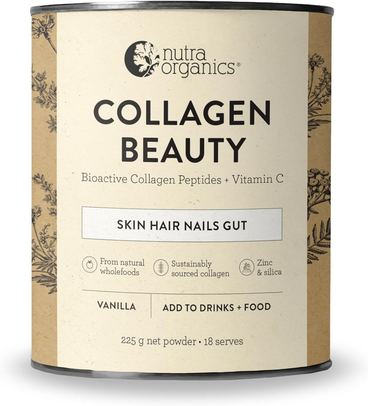 Nutra Organics Collagen Beauty Vanilla 225g | Low Sugar, Non-Dairy, Drink Mix w/Vitamin C | Collagen Powder that Supports Skin Elasticity & Hydration, Healthy Hair, Nails, & Gut Wellbeing (18 Serves)