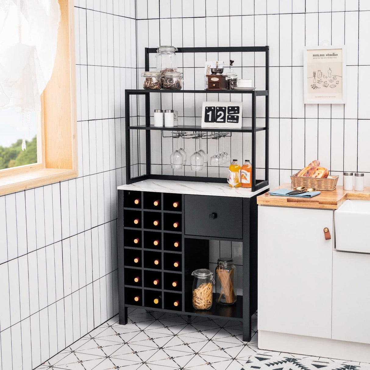 Kitchen Wine Rack, Freestanding Cabinet w/Wine Glass Holder & Drawer, 4-Tier Bakers Rack, Microwave Oven Stand for Kitchen Dining Room Living Room