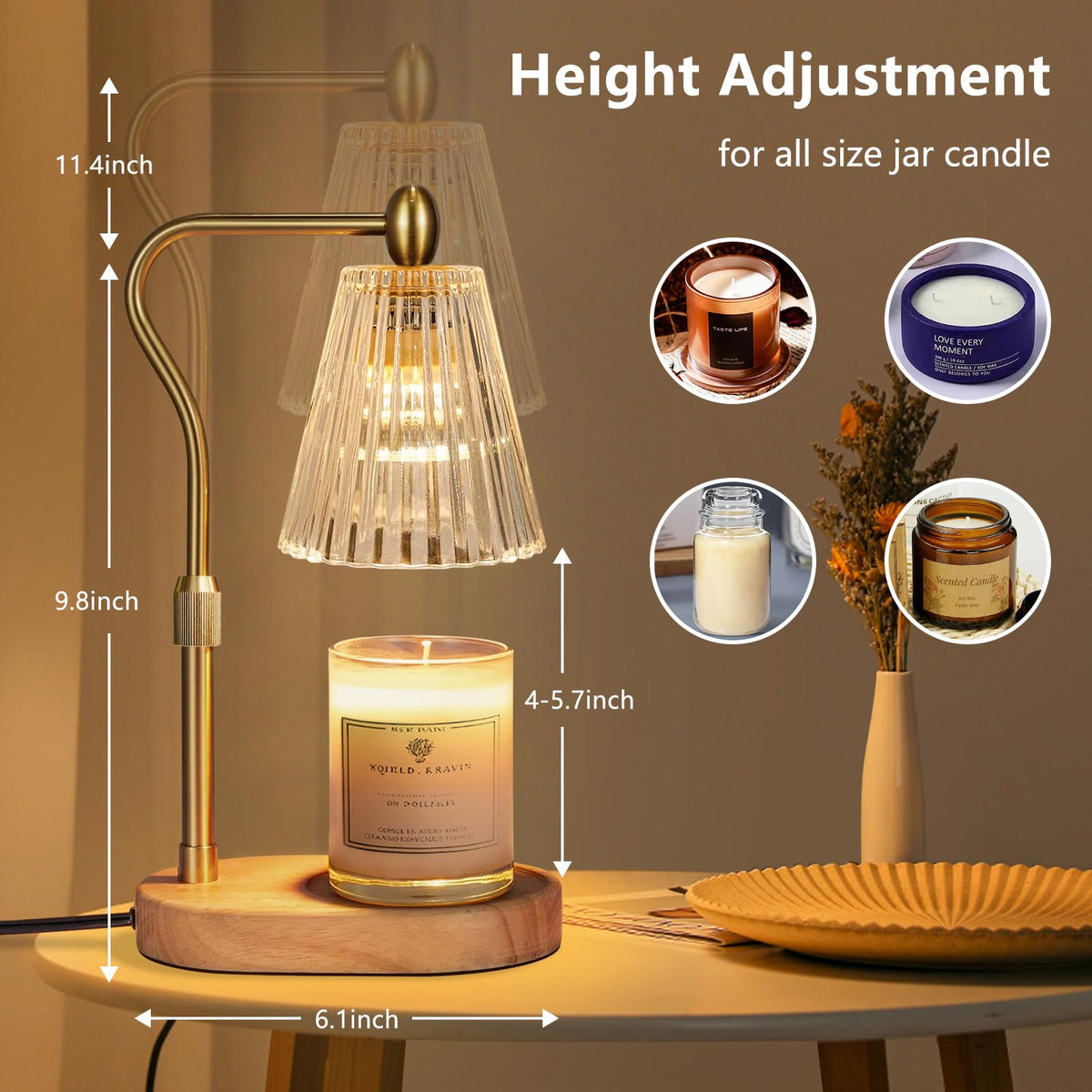 Engpure Candle Warmer Lamp - Candle Warmer Lamp with Timer and Dimmer Adjustable Height,Electric Wax Melt Warmer with 2 Bulbs for Scented Jar Candles Home Decor