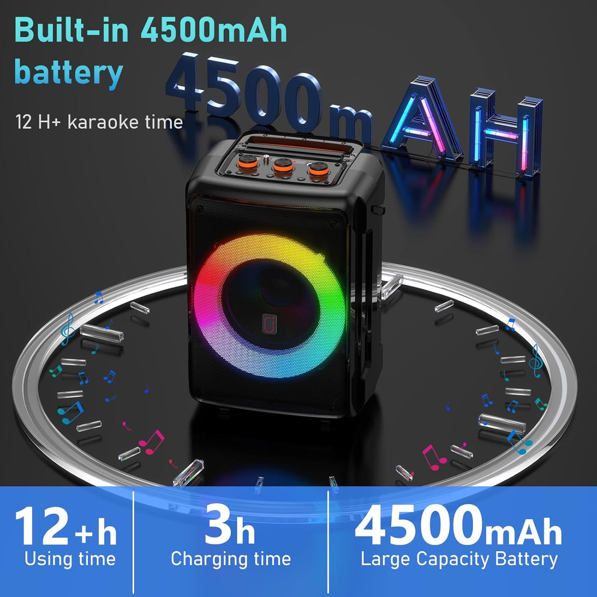 Karaoke Machine with 2 Microphones, Bluetooth Portable Speaker with DJ Party Lights, Support TWS, REC & PA, Ideal for Birthdays, Family Gatherings & Events (Black)