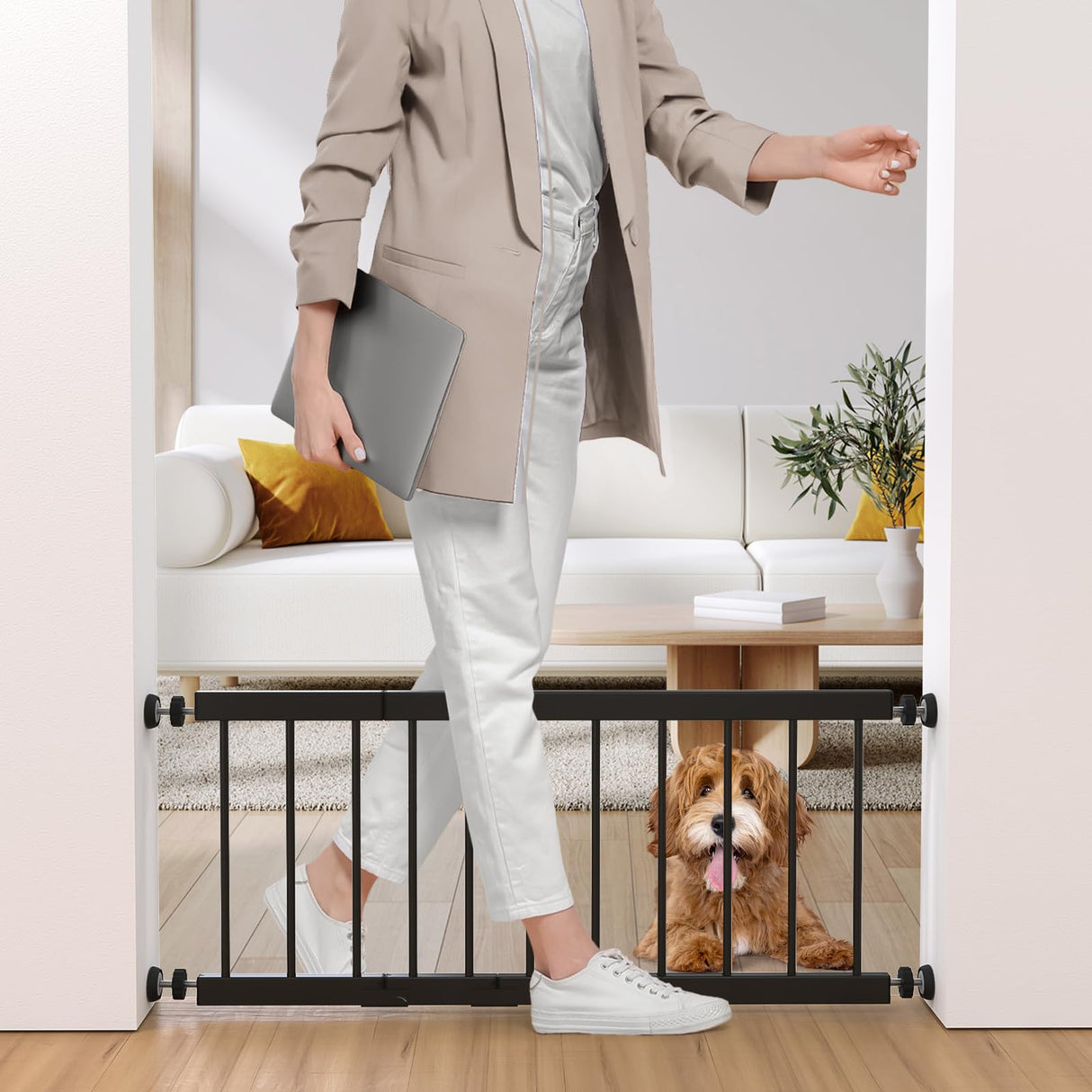 Dog Gate Indoor,18"-45" Adjustable Extra Wide Metal Short Dog Gate to Step Over, 18" Tall Small Pet Gate with 3 Extension Kits, Pressure Mounted Dog Gate for Doorways & Stairs Black