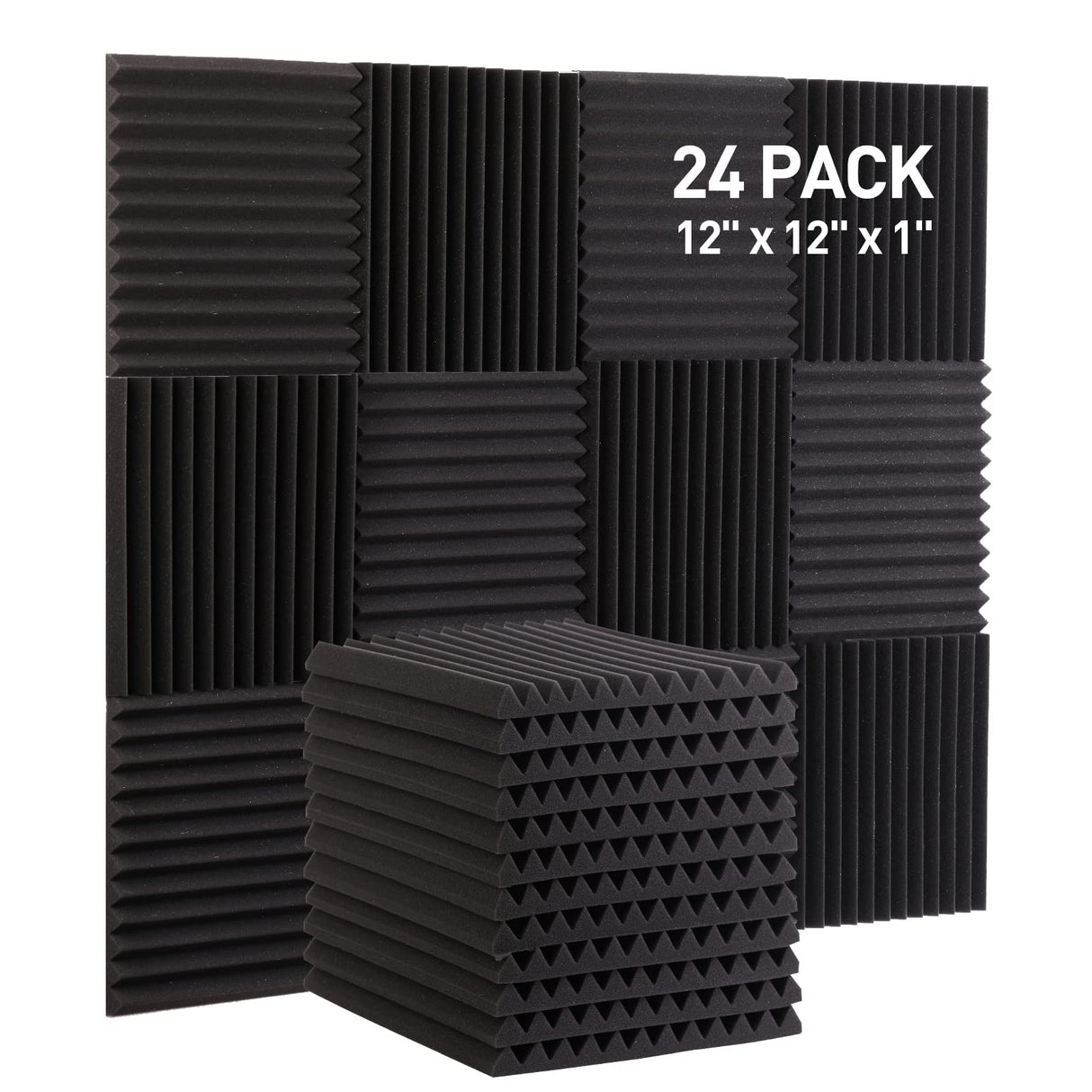 24 Pack Sound Proof Panels, Acoustic Foam Panels 12x12x2 inches Black Acoustic Panels, High Density Soundproofing Panels, Fire-retardant Sound Absorbing Foam for Studio Recording