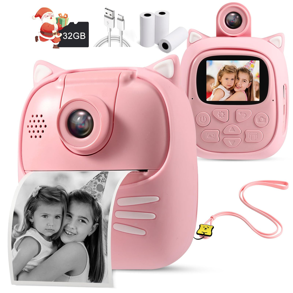 50MP Kids Instant Camera with 3 Rolls Print Paper for Boys and Girls, 1080P Digital Camera for Children, 2.0' IPS Selfie Toy Camera Toddler Rechargeable Video Recorder with 32GB TF Card(Pink)