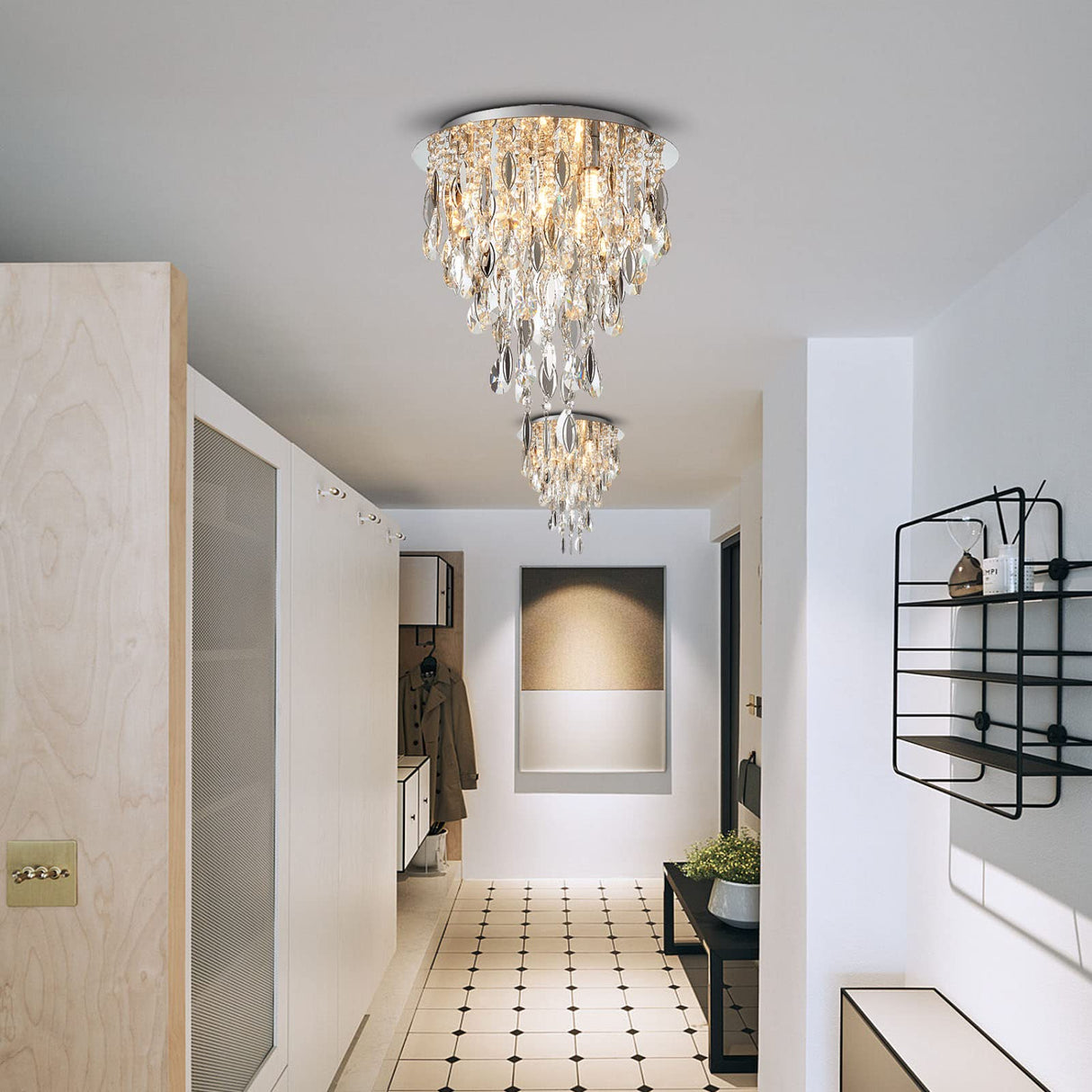 Luxury Modern Crystal Chandelier Ceiling Flush Mount Light Fixture for Bedroom Living Room Kitchen Corridor Stairwell Aisle Hallway, ¢35cm x H38cm, Chrome, 4-Lights, G9 Holder