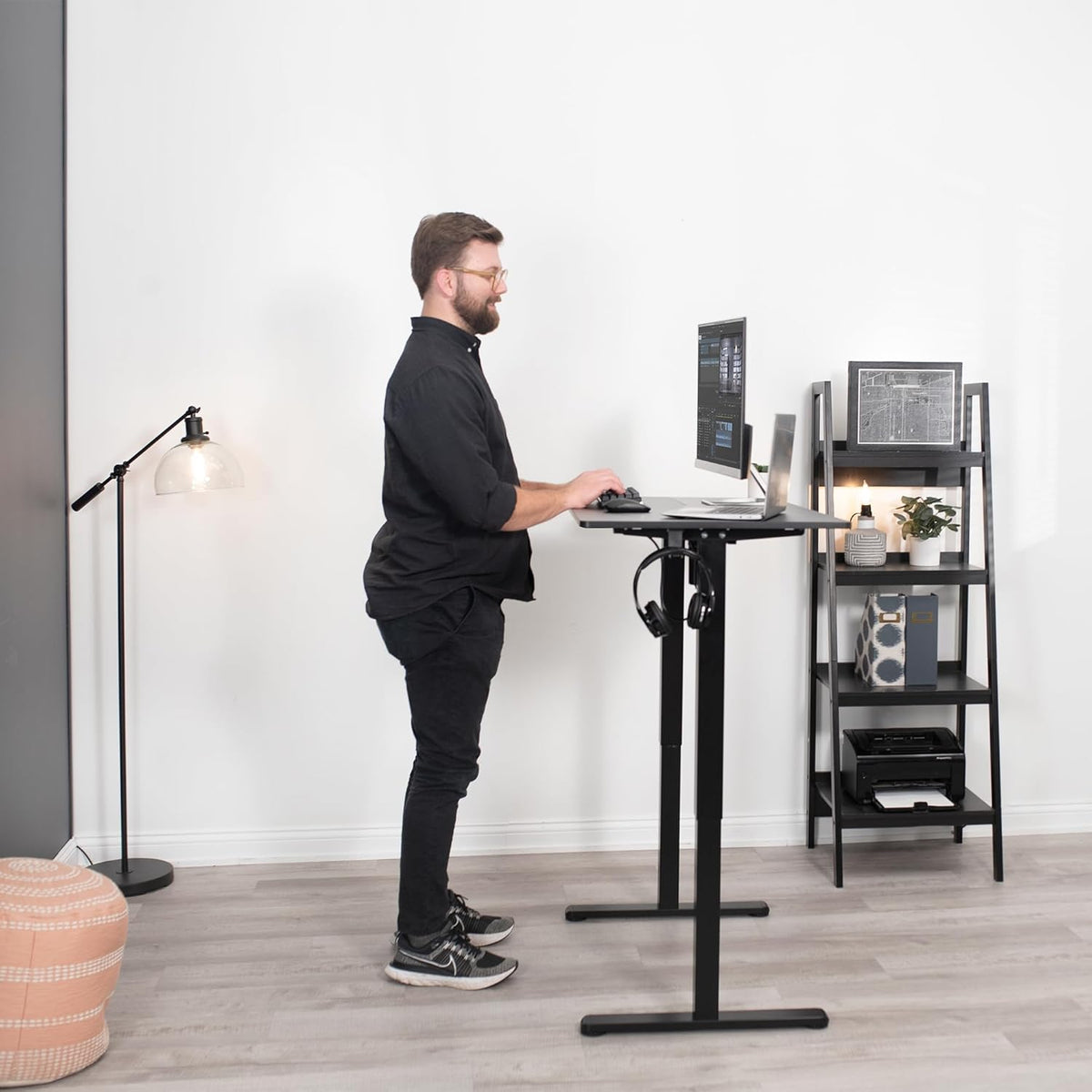 Electric Height Adjustable 102cm x 61cm Stand Up Desk, Complete Standing Workstation with Memory Controller, Black 2 Part Top, Black Frame