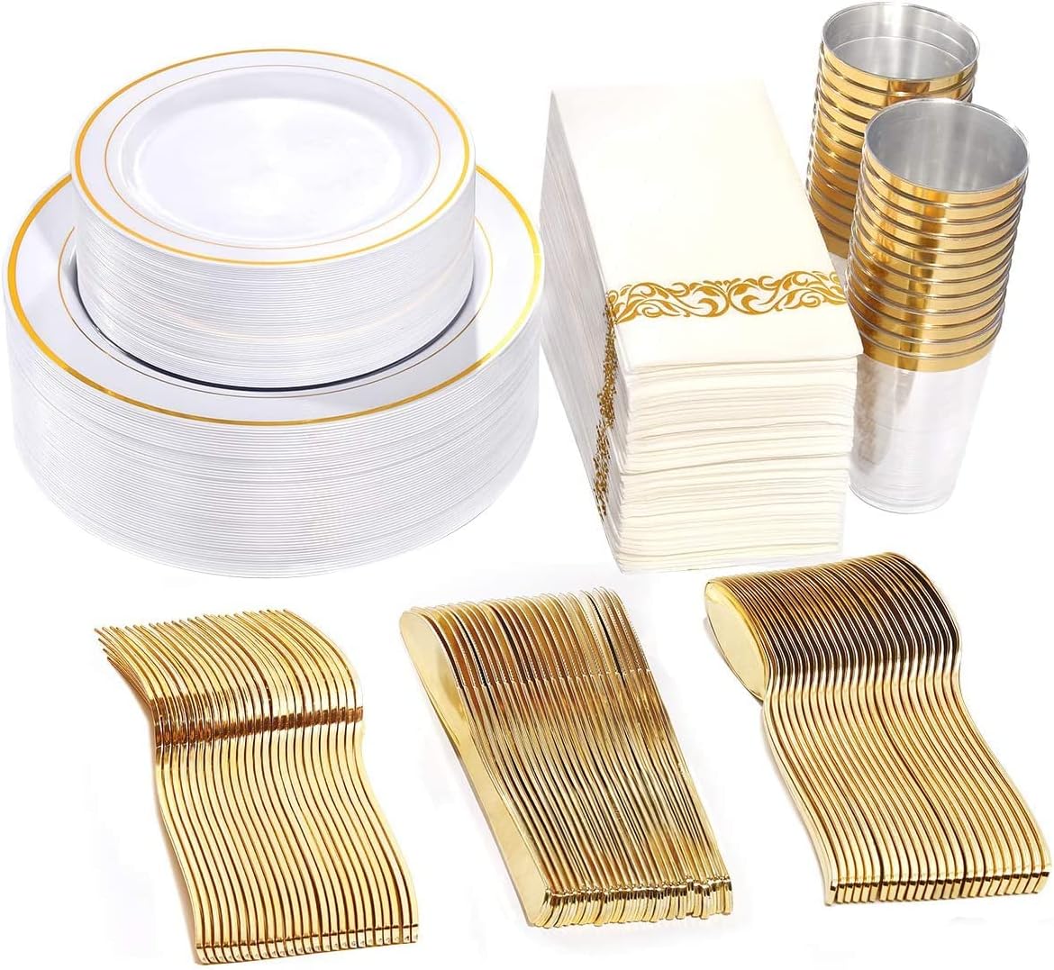 Gold Dinnereware Include Gold Rim Plates, 12oz Gold Cups, Gold Knives, Gold Forks, Gold Spoons, Party Reusable Plates Set, Brittany (Gold)