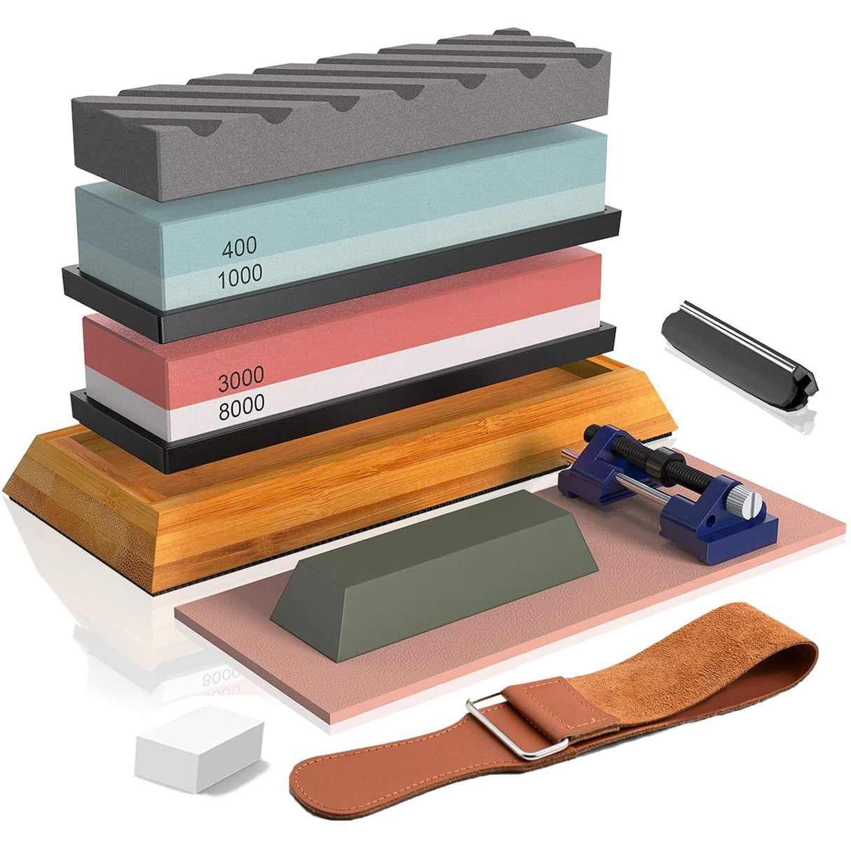 Knife Sharpening Stone,Whetstone Sharpener Includes 4 Side Grit 400/1000 3000/8000 Whetstones, Non-Slip Bamboo Base, Angle Guide,Polishing Compound,Leather Strop, Flattening Stone