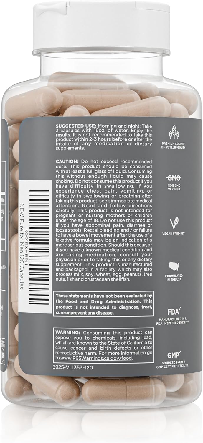 Pure for Men Original Cleanliness Stay Ready Fiber Supplement, 120 Vegan Capsules, Helps Promote Digestive Regularity. Psyllium Husk, Chia Seeds, Oat Fibre, Proprietary Formula