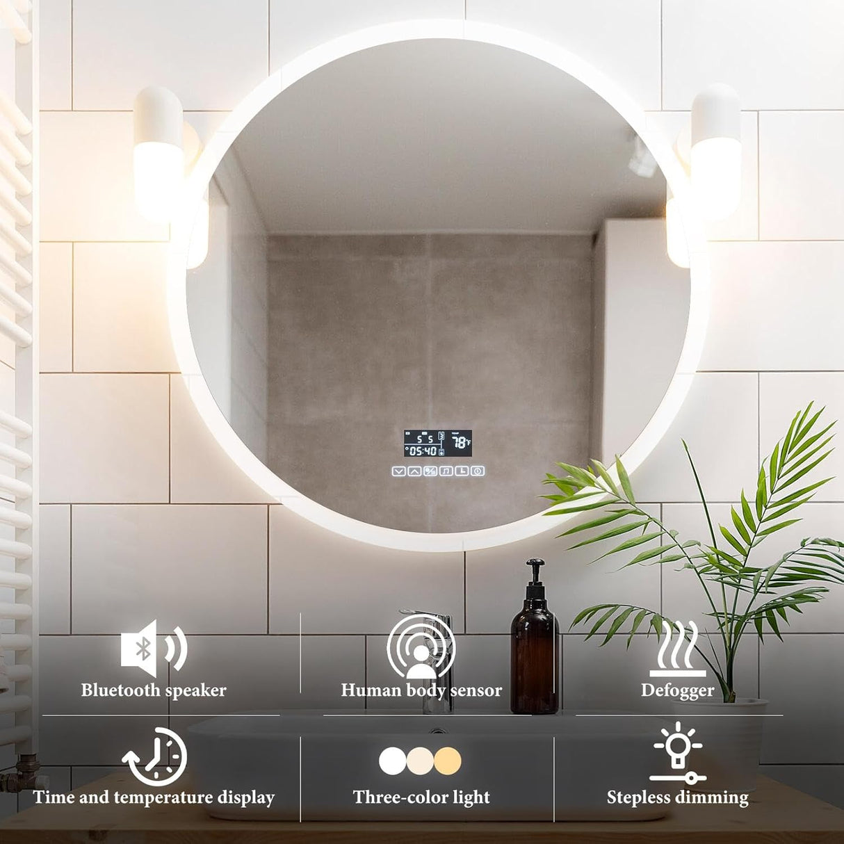 Premium Round LED Vanity Mirror: Defogging HD Glass, Three-Color Stepless Dimming, Built-in Audio System, Smart Human Body Sensor, Time and Temperature Display.