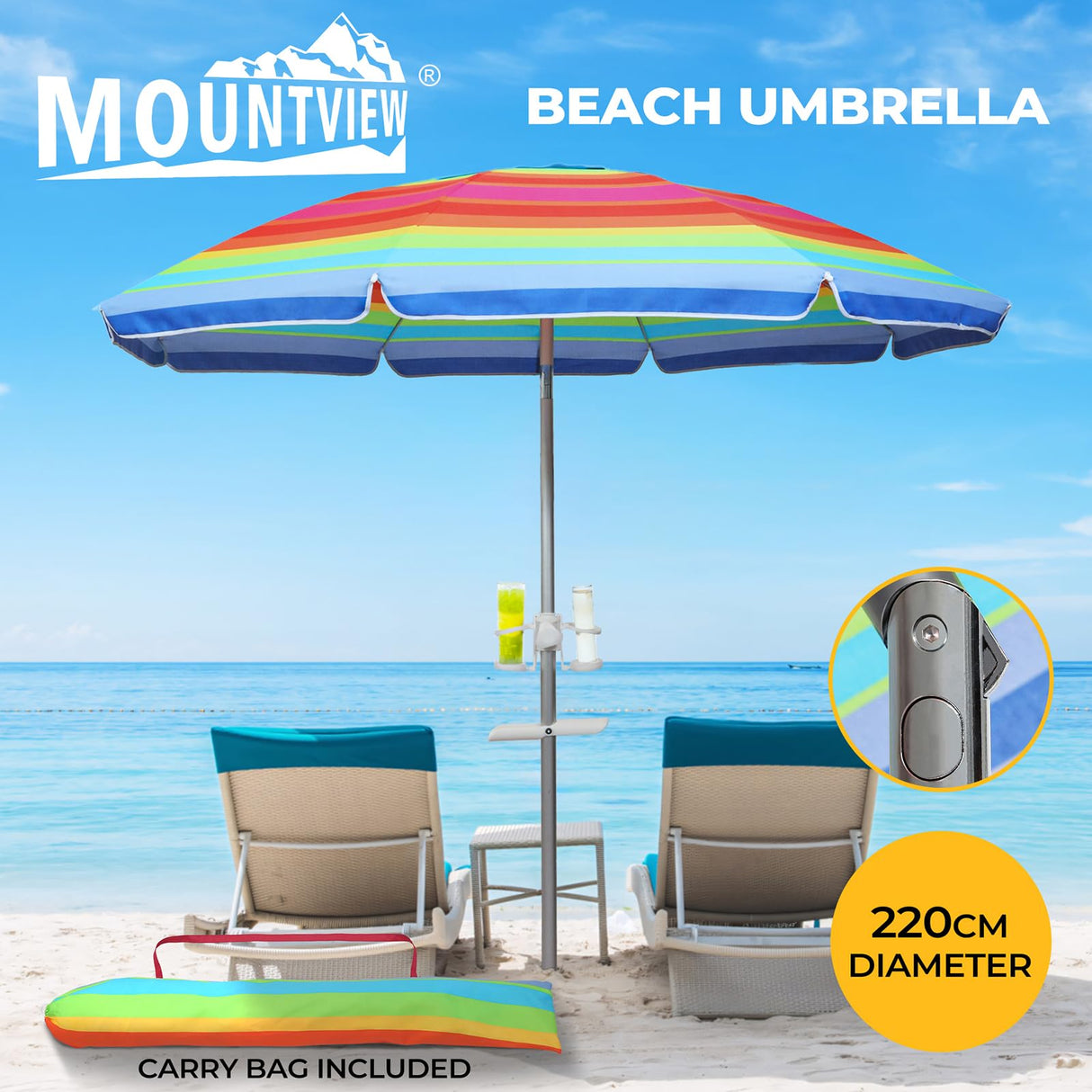 2M/2.2M Sand Beach Umbrella, Heavy Duty High Wind Parasols with Sand Anchor & Tilt Sun Shelter, UV 50+ Protection Outdoor Sunshade Umbrella with Carry Bag for Patio Garden Beach Pool Backyard Stripe