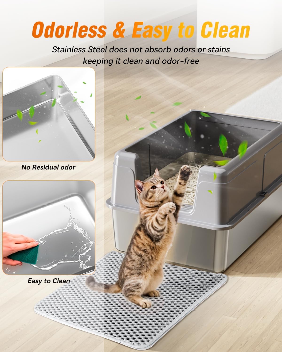 LOVELEDI Cat Litter Box - Stainless Steel Cat Litter Box, Extra Large Cat Little Tray with Lid for Big Cats, XXL Kitty Litter Pan Boxes with High Sides Enclosed, Non-Sticky, 61L x 40.6W x 30.5H CM