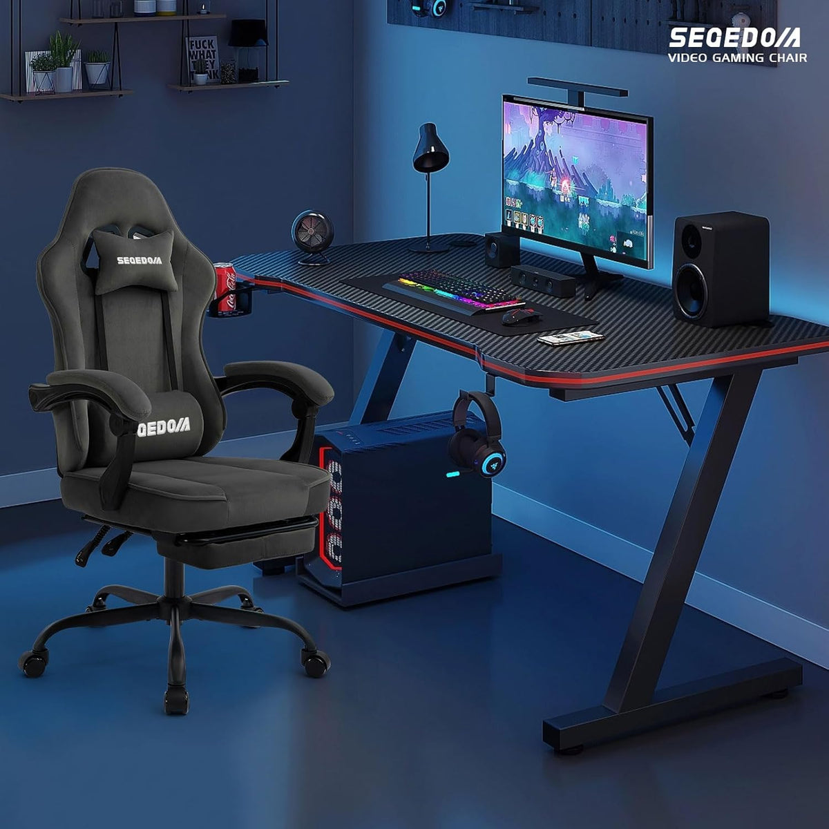 Gaming Chair Technology Fabric Computer Chair with Pocket Spring Cushion, Comfortable Ergonomic Gamer Chair for Adults, Massage Game Chair with Footrest,Reclining Chair, Home,Office,Teens,Grey