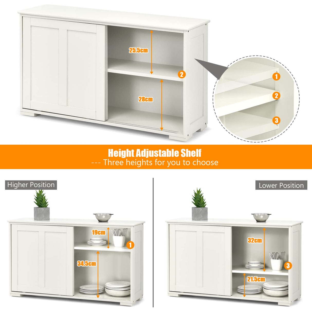 Buffet Sideboard Cabinet, Home Storage Cabinet, 2 Convenient Smooth Sliding Doors & 2 Height-Adjustable Shelves, Side Cabinet Table Cupboard, Creamy White