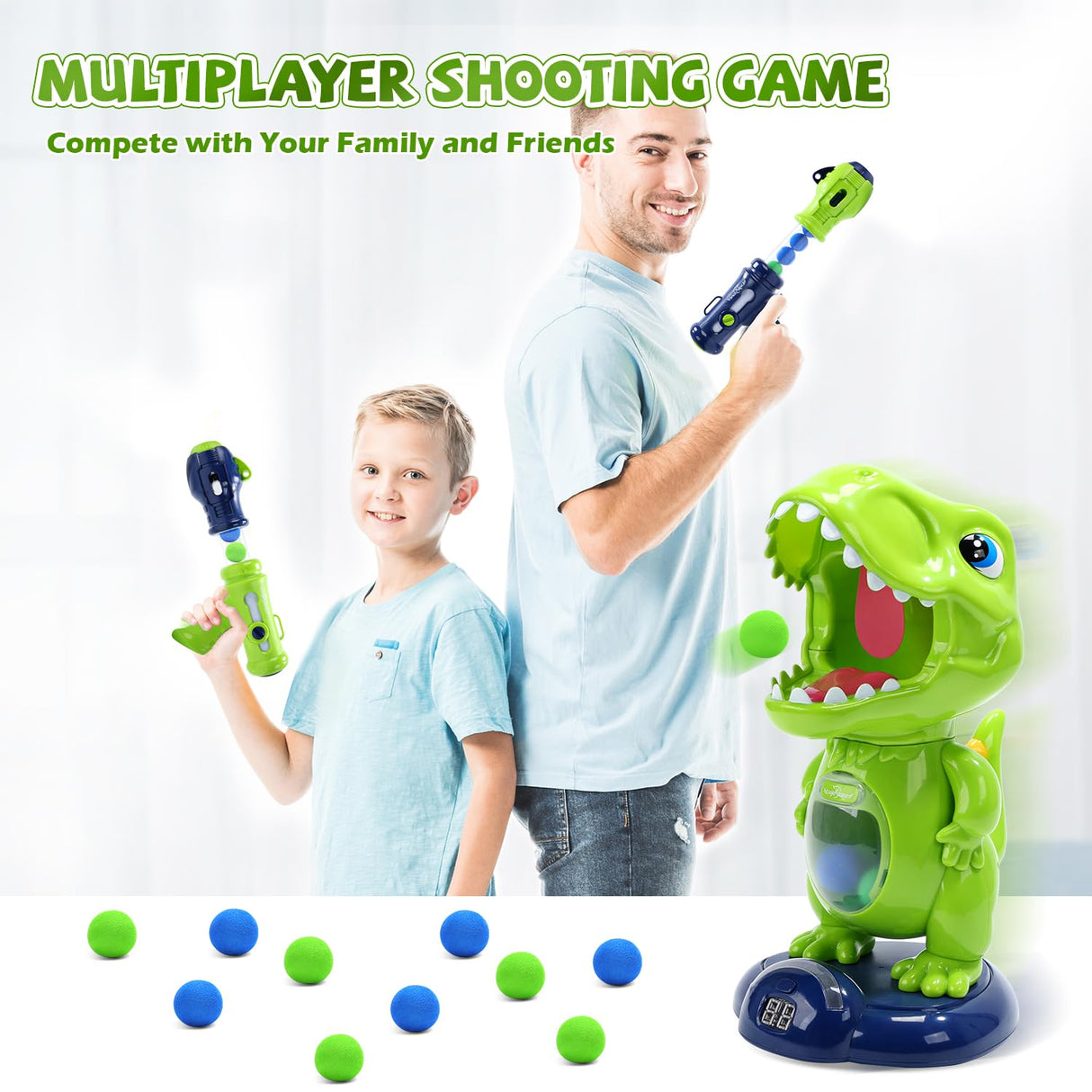 Movable Dinosaur Shooting Toys for Kids,Electronic Target Shooting Games with 2 Pump Gun,48 Balls Party Favor Toys with Score Record, LED & Sound, Dino Toys Boys and Girls