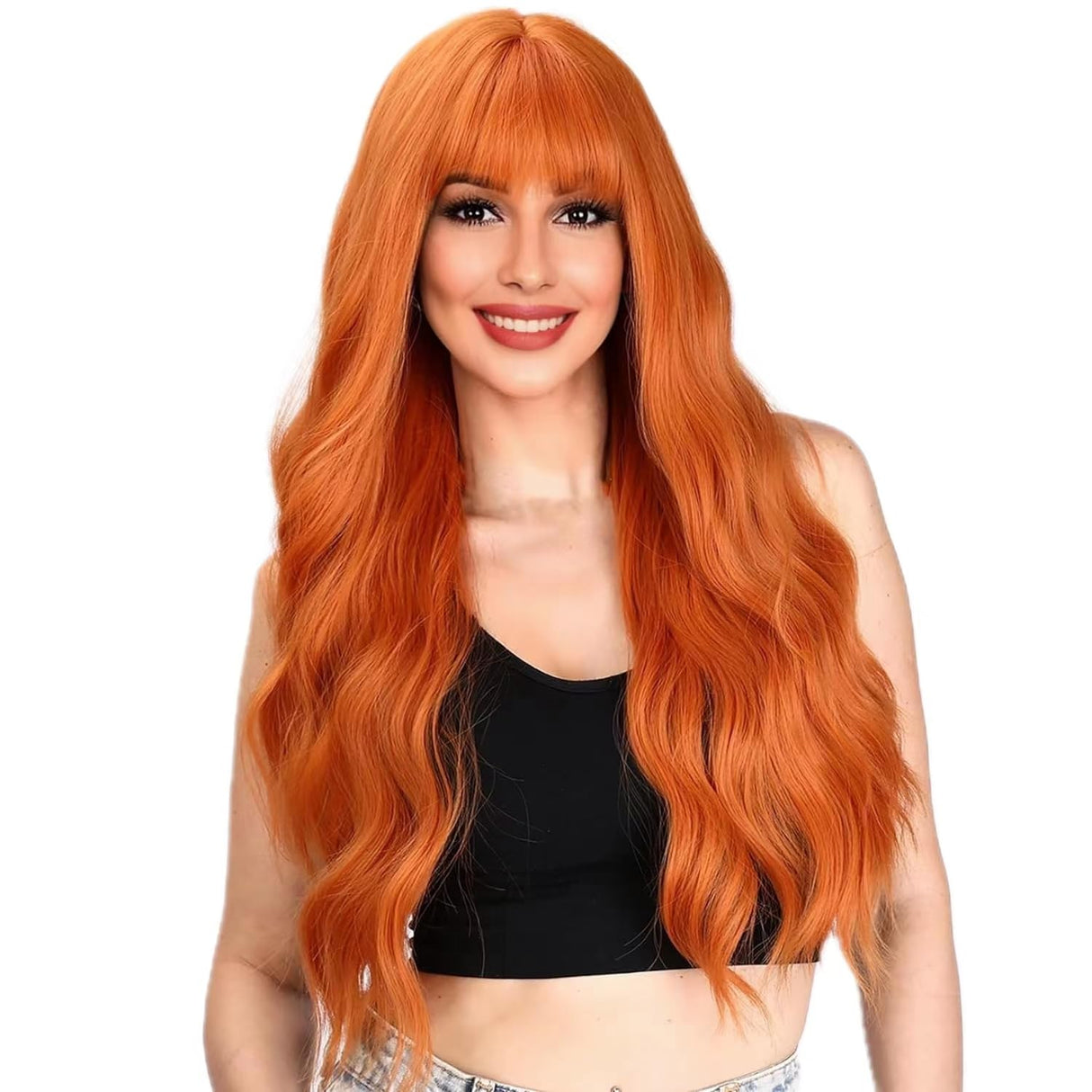 Long Wigs for Women Ginger Orange Curly Wavy Wig with Bangs Synthetic Hair Wig
