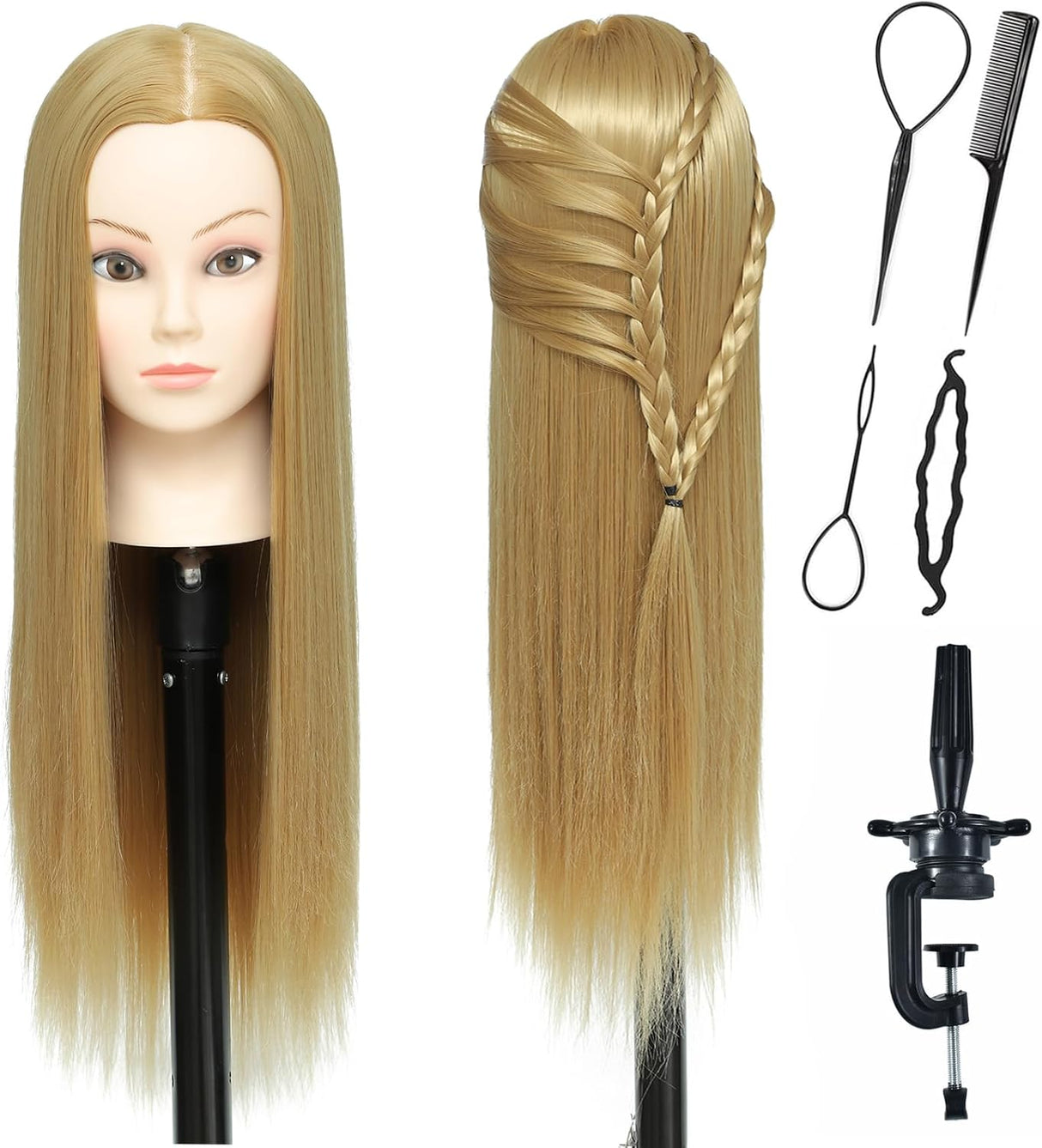 26-28'' Mannequin Head Synthetic Fiber Hair Styling Training Head Dolls for Cosmetology Manikin Maniquins Practice Head with Table Clamp Holder (27#)