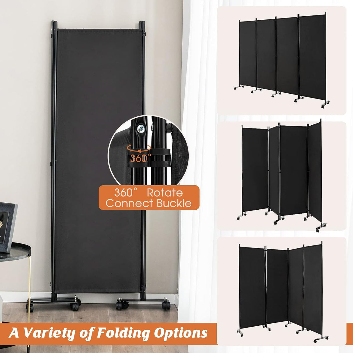 Giantex 4-Panel Folding Room Divider, 1.73m Rolling Privacy Screen with Lockable Wheels, Portable Wall Divider and Separator, Freestanding Privacy Protection for Living Room, Bedroom, Office (Black)