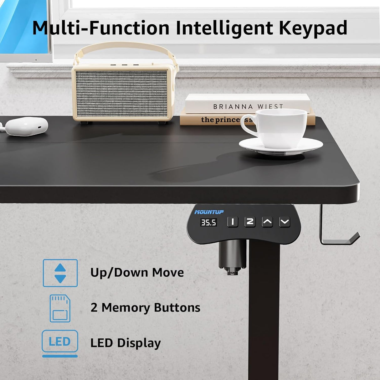 MOUNTUP Electric Standing Desk 120x60cm (48x24) Height Adjustable, Sit Stand Desk with Memory Controller, Ergonomic Stand Up Desk for Home Office with Splice Board, Black