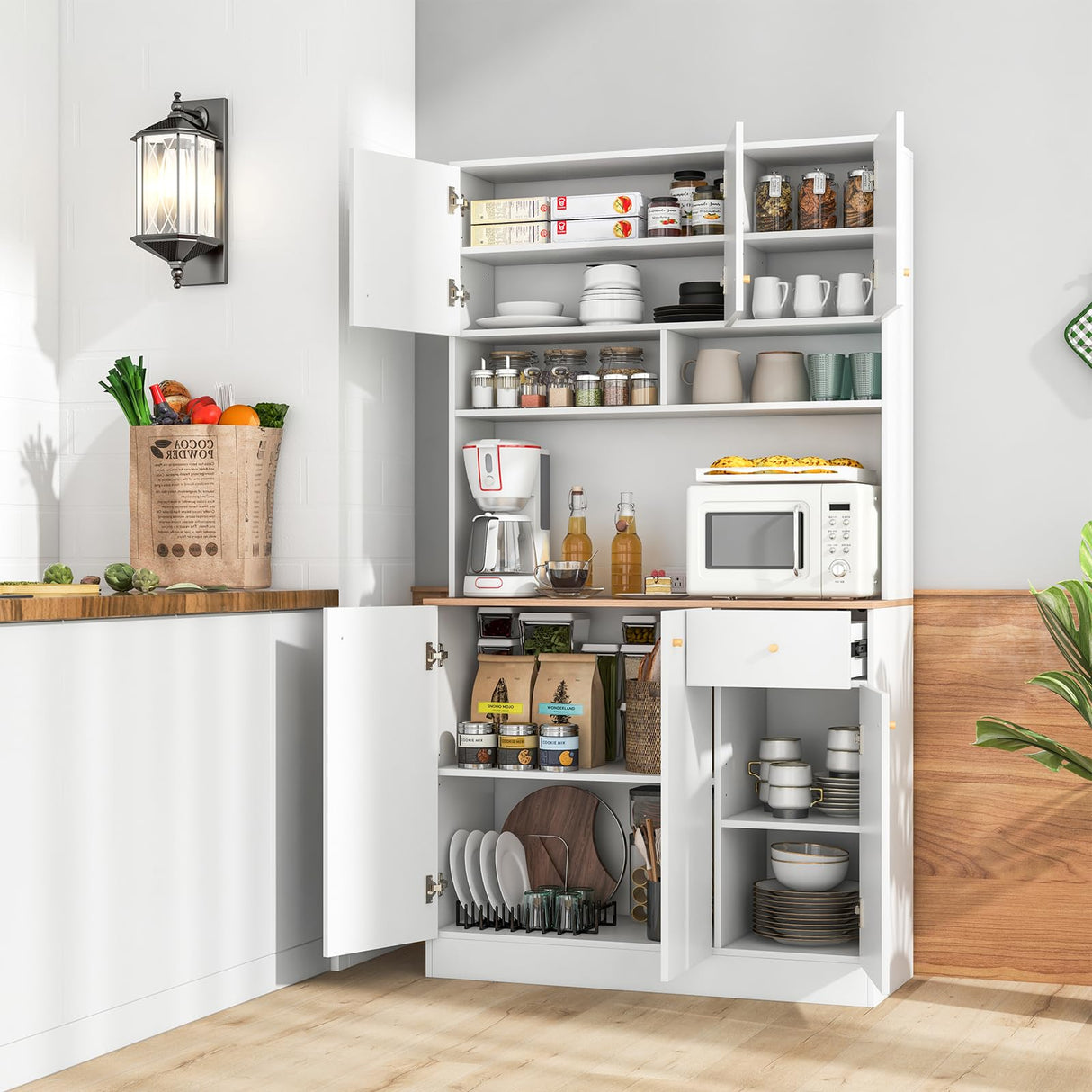 Tall Pantry Cabinet, Kitchen Cabinet with Outlets, USB Ports, Anti-Tipping Kits & 3-Position Adjustable Shelves, Freestanding Buffet Cupboard with Hutch, Microwave Cabinet Dining Room