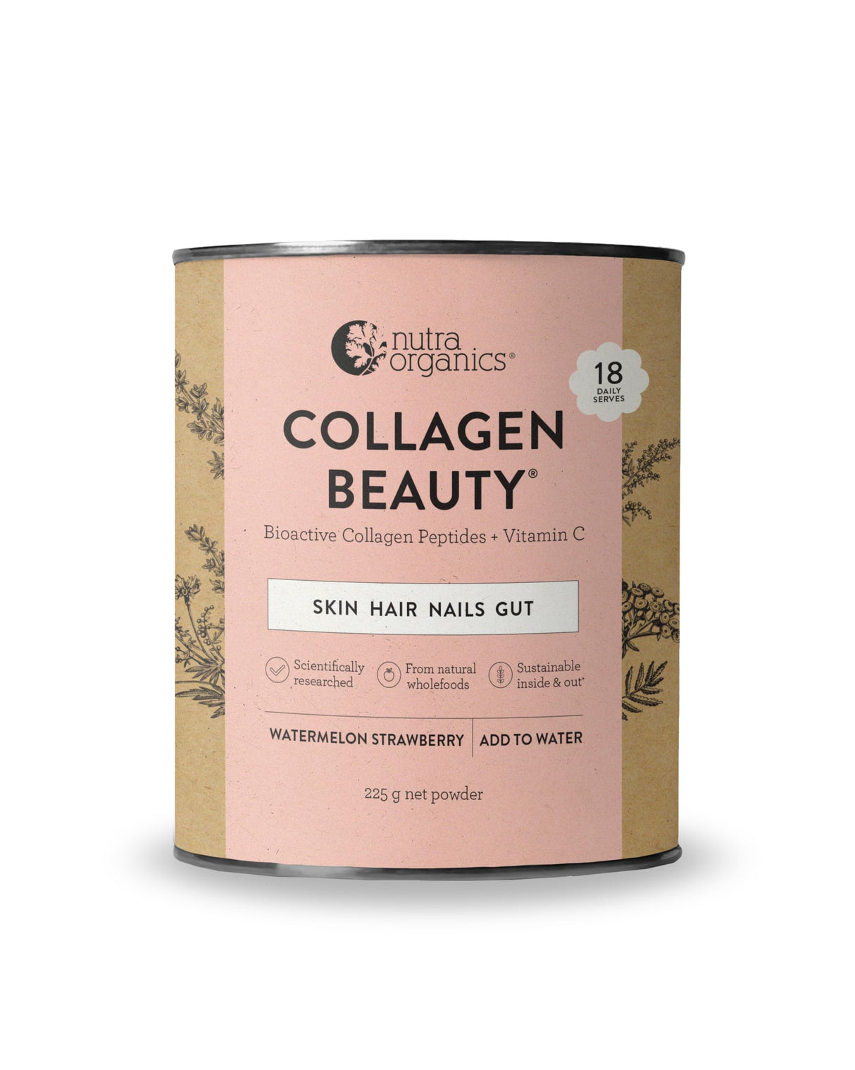 Nutra Organics Collagen Beauty Vanilla 225g | Low Sugar, Non-Dairy, Drink Mix w/Vitamin C | Collagen Powder that Supports Skin Elasticity & Hydration, Healthy Hair, Nails, & Gut Wellbeing (18 Serves)