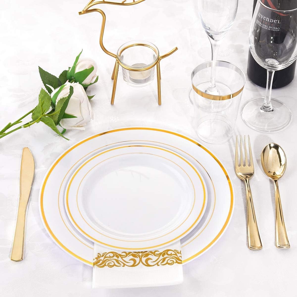Gold Dinnereware Include Gold Rim Plates, 12oz Gold Cups, Gold Knives, Gold Forks, Gold Spoons, Party Reusable Plates Set, Brittany (Gold)