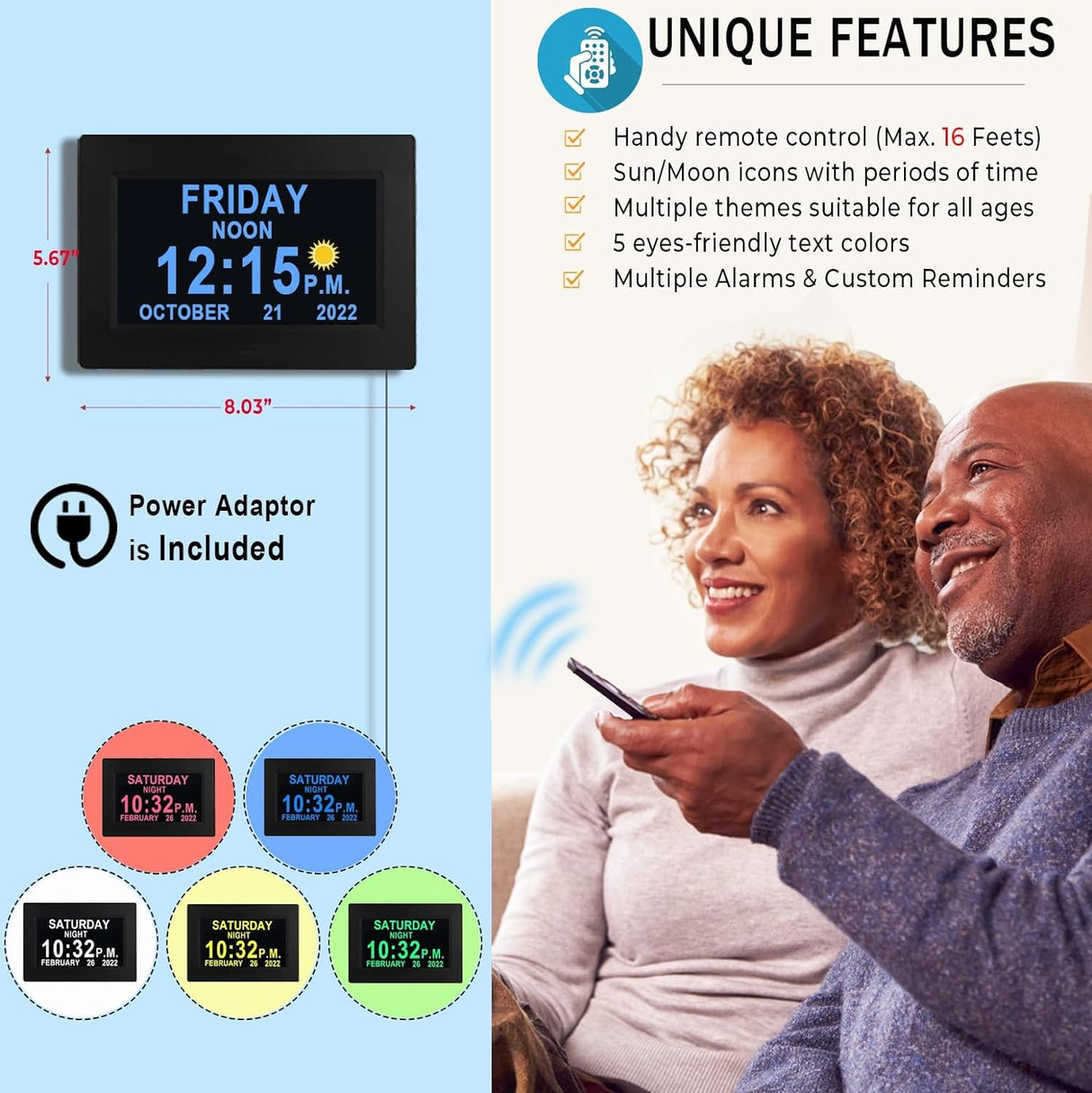 19 Alarms Day Date Clock Dementia Clock Digital Alarm Clock, 15 Custom Reminders, Auto Night Dimming, Non-Abbreviated Calendar Clock with 5 Colors, 6 Display Effects