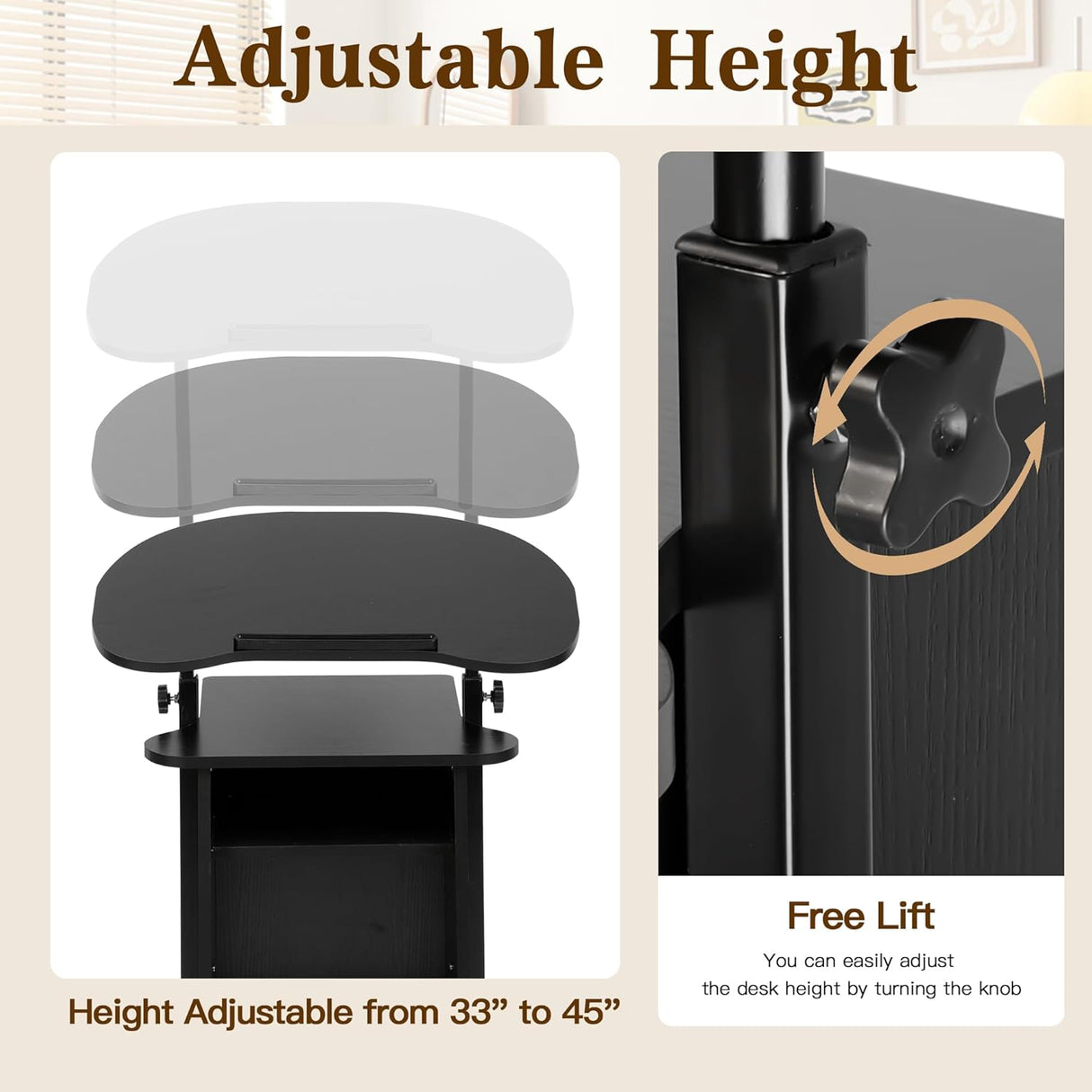 Mobile Podium Stand, Portable Height Adjustable Lectern Podium Stand with Tilting Desktop & Storage, Standing Laptop Desk with Wheels, Podium Stand for Classroom Home Office