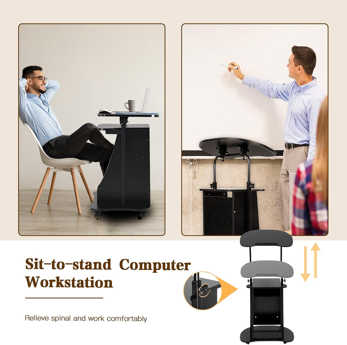 Mobile Podium Stand, Portable Height Adjustable Lectern Podium Stand with Tilting Desktop & Storage, Standing Laptop Desk with Wheels, Podium Stand for Classroom Home Office