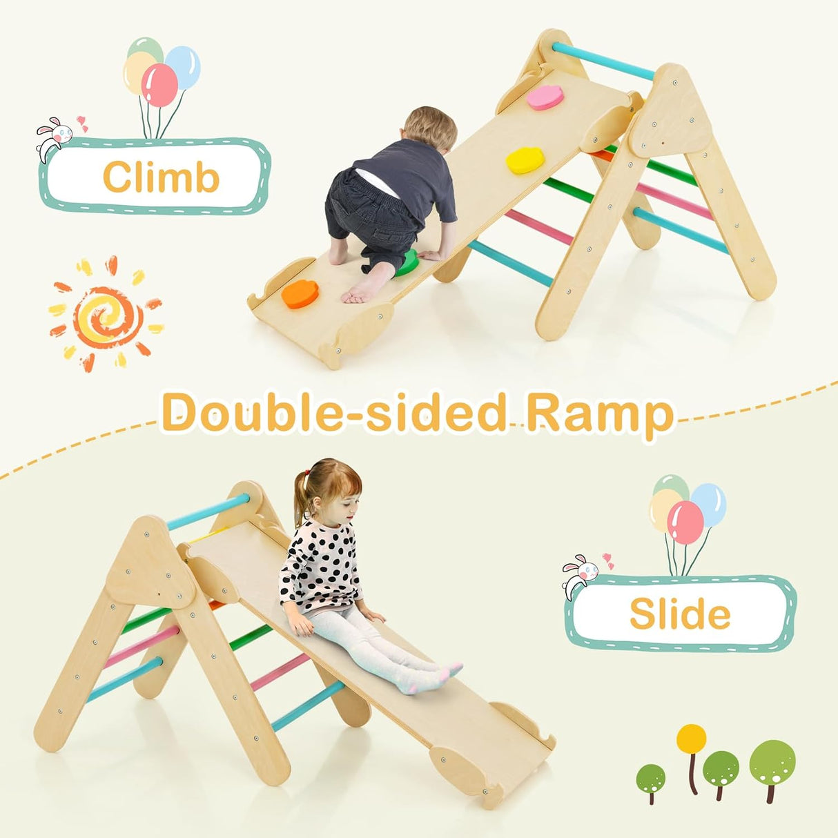 Kids Triangle Climbing Toys Set, 5 in 1 Toddler Wooden Climbing Gym Arch Rocking Playset w/Reversible Ramp for Sliding, Indoor Home Climbing Sliding Set for Boys Girls Colorful