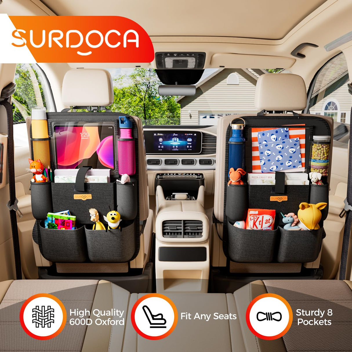 Car Organizer, 4th Generation Enhanced Car Seat Organizer with 11'' PVC-Free Tablet Holder, 8 Pockets, Road Trip Essentials for Kids,Car Seat Back Storage Organizer, Black, 2pcs