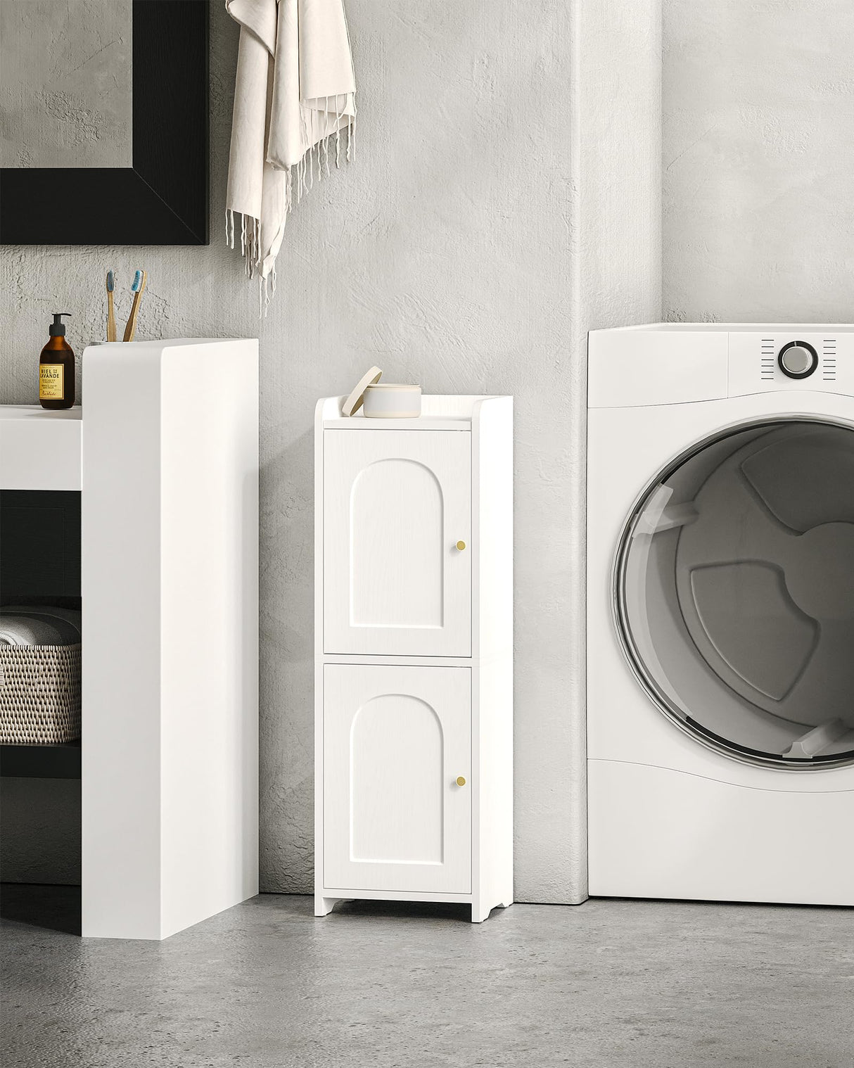 Bathroom Storage Cabinet, Corner Floor Cabinet with 2 Doors and Adjustable Shelf, Narrow Toilet Paper Cabinet, Bathroom Organizer for Small Spaces, White BC19913X