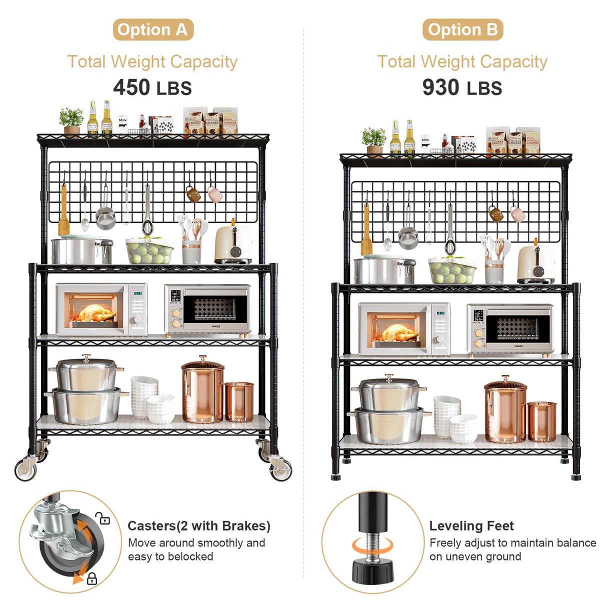 Kitchen Bakers Rack with Adjustable Shelf, 4-Tier Heavy Duty Kitchen Storage Rack with Wheels, Microwave Stand for Big Microwave, Metal Utility Kitchen Appliances Storage Shelf