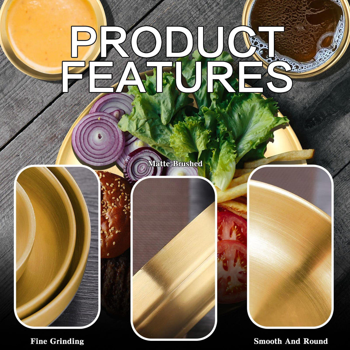 8 Pcs Stainless Steel Dinnerware Sets, Gold Dish Set, 6.6‘’ Small Thickened Dinner Plates, 16.9 OZ Soup Bowls, 3.5 OZ Mini Sauce Dish & Metal Cups, Stackable Dishware for Kitchen BBQ Party Picnic