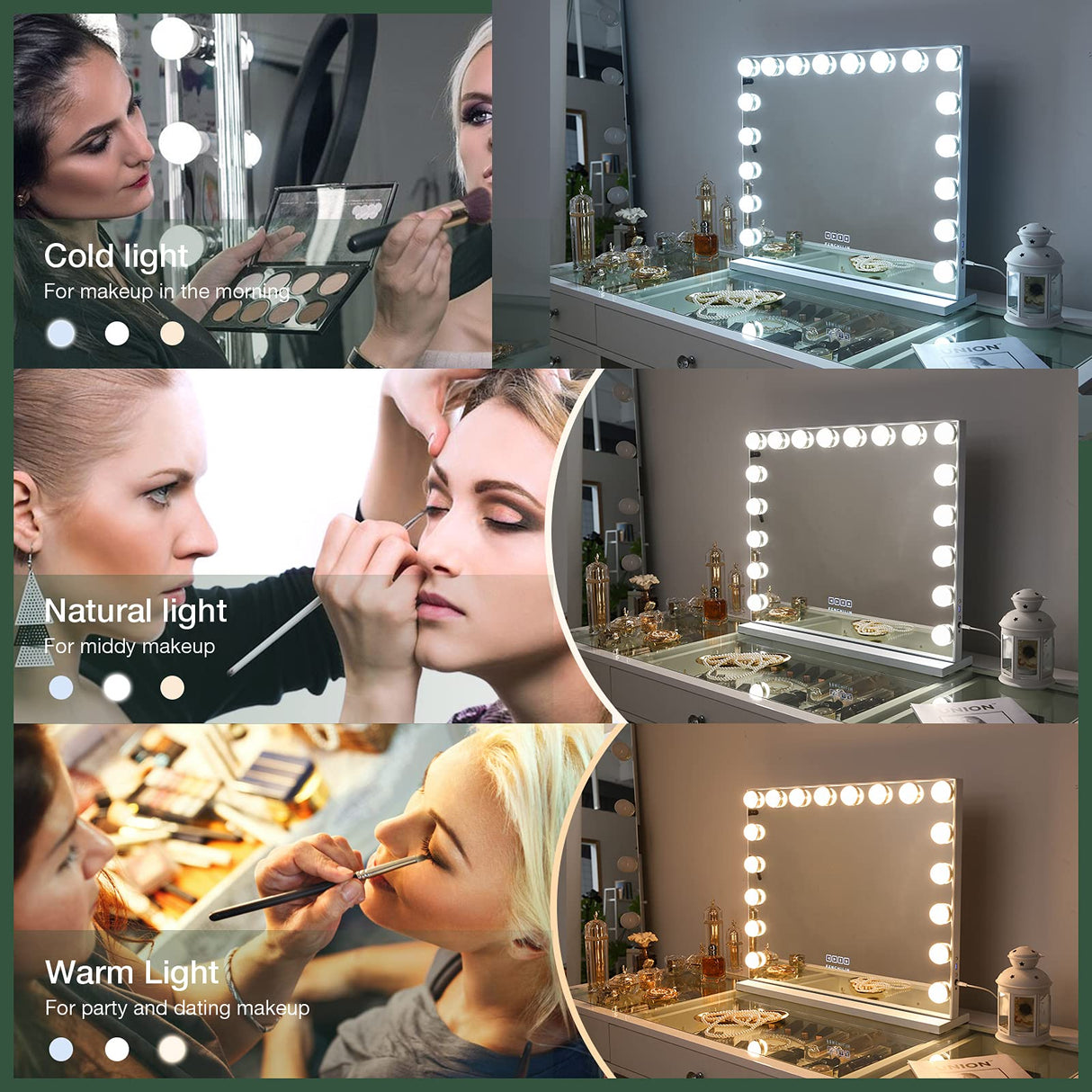 Vanity Smart Mirror with Lights Bluetooth Speaker USB Power Charging Large Hollywood Lighted Mirror with 18 Dimming LED Bulbs for Tabletop/Wall-Mounted