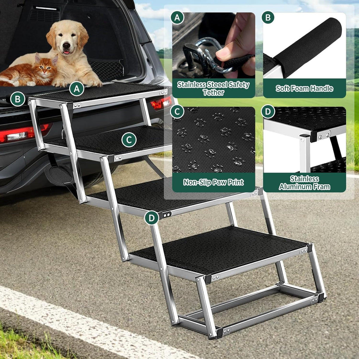 Extra-Wide Folding Dog Car Stairs – 48.7 cm, 100 kg Capacity