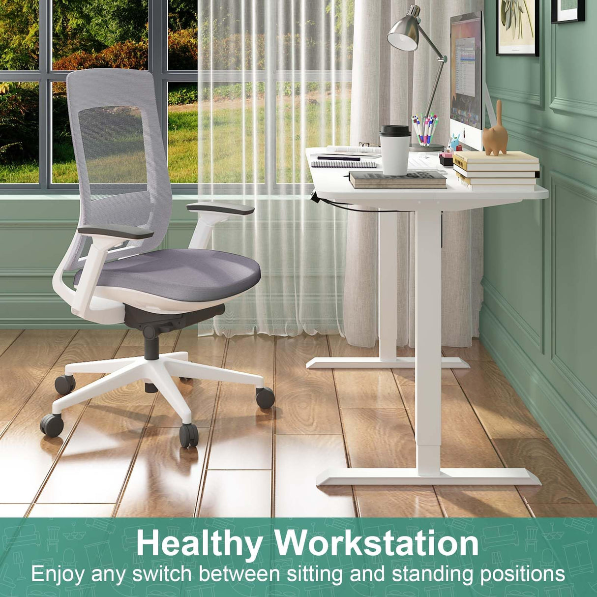 Standing Desk Electric Height Adjustable Sit Stand Desk 120 * 60cm Motorised Home Office Computer Workstation White Desktop and White Frame