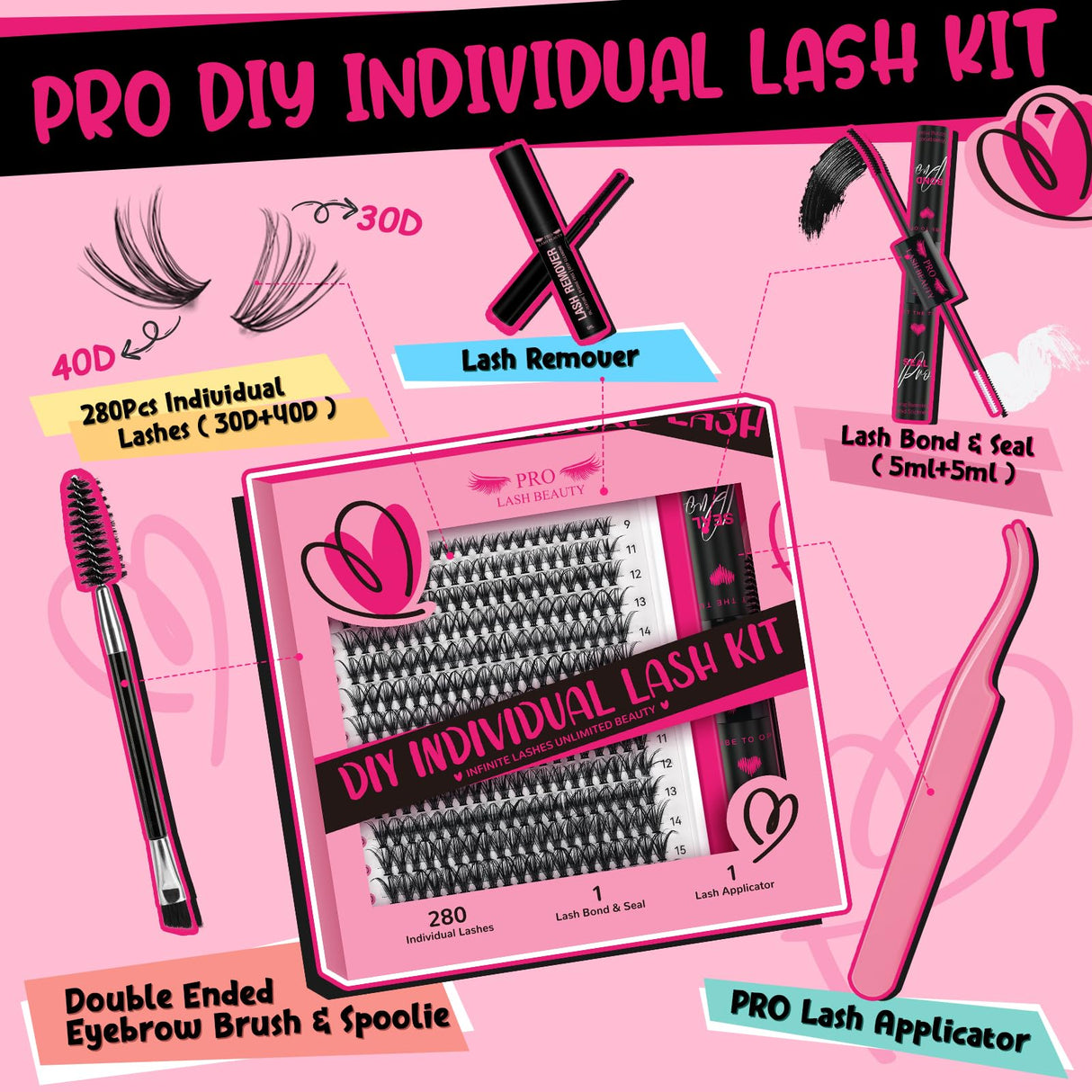 ๐ท๐น๐ถ DIY Lash Extension Kit 280Pcs Lash Clusters Eyelash Extension Kit with Lash Bond and Seal Lash Applicator Individual Lashes Kit Eyelash Brush DIY Various Styles Easy to Apply at Home(30D+40D-9-16mix Kit)