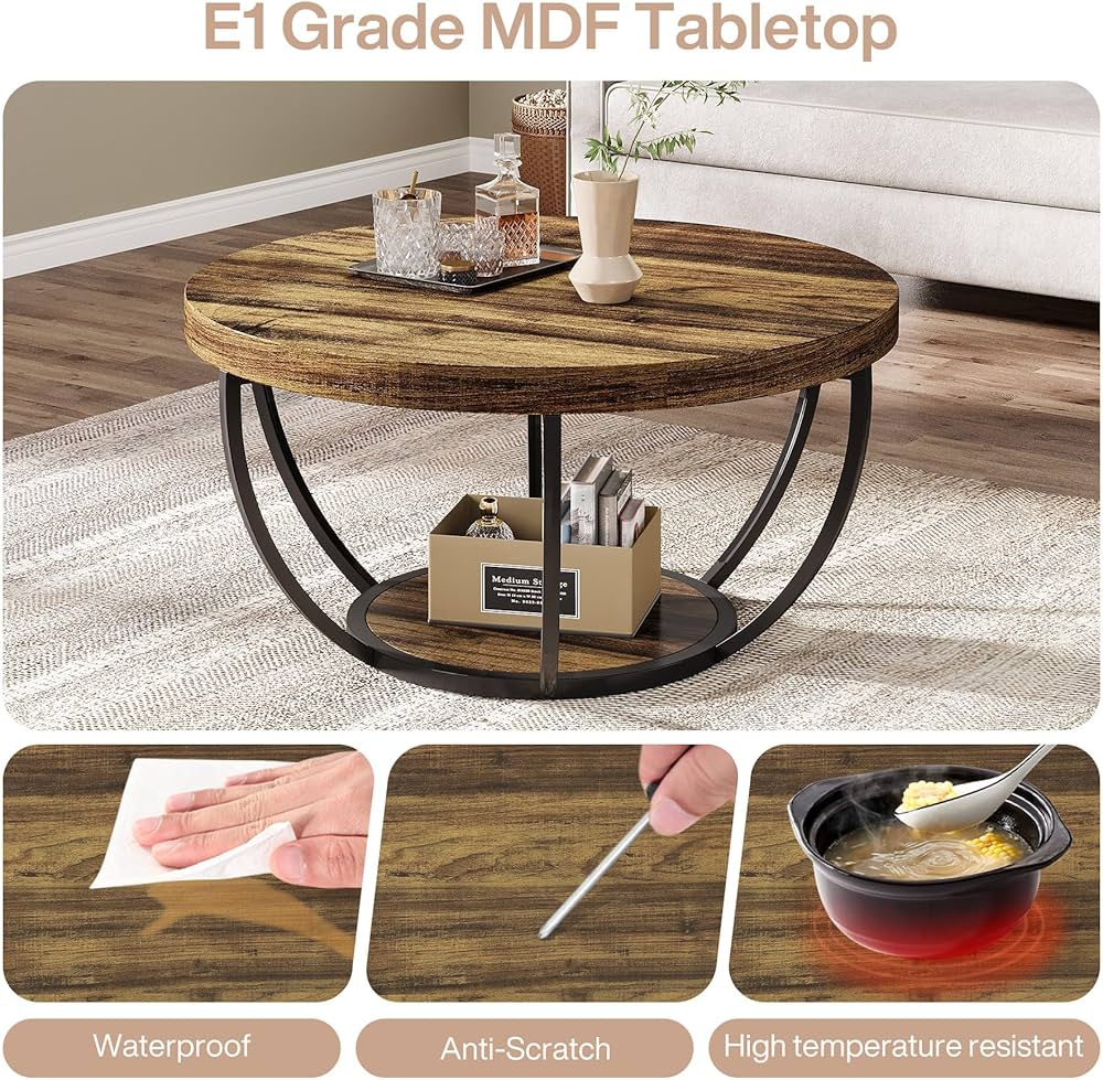 31.7" Round Coffee Table, Industrial 2-Tier Circle Coffee Table with Storage Shelves, Modern Wooden Accent Center Table Sofa Side Table for Living Room, Home Office, Wooden Grain