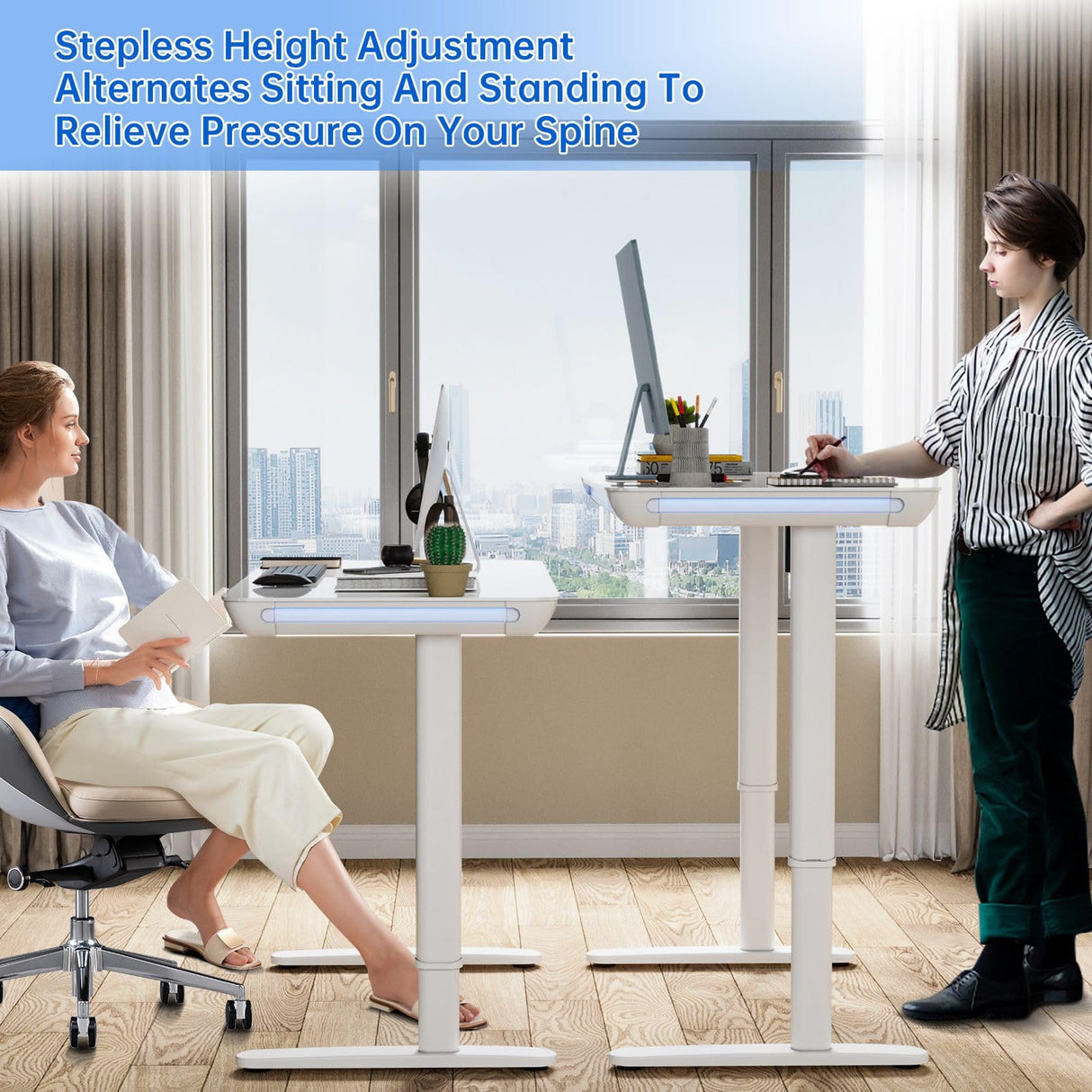 Electric Standing Desk Sit Stand Up Computer Table with Drawer Height Adjustable Motorised Rising Office Workstation Tempered Glass RGB LED Lights, USB& Type-C Charging Port White