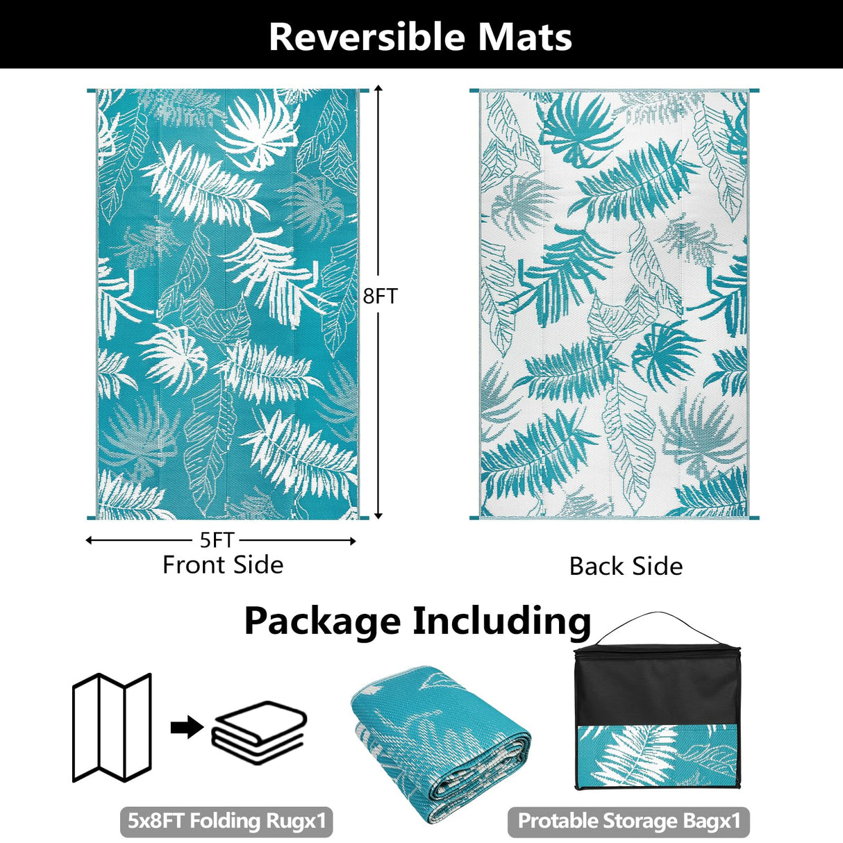 Outdoor Reversible Rug Waterproof Outdoor Patio Rug Plastic Large Floor Mat Lightweight Indoor Outdoor Rug Carpet Plastic Straw Rug for Camping Deck RV Backyard Picnic (Teal) 150x245cm