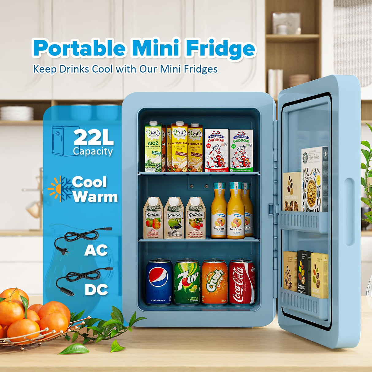 22L Mini Fridge, Portable Car Fridge Makeup Refrigerators AC/DC Powered Electric Cooler and Warmer for Cars, Homes, Offices, and Dorms, Blue