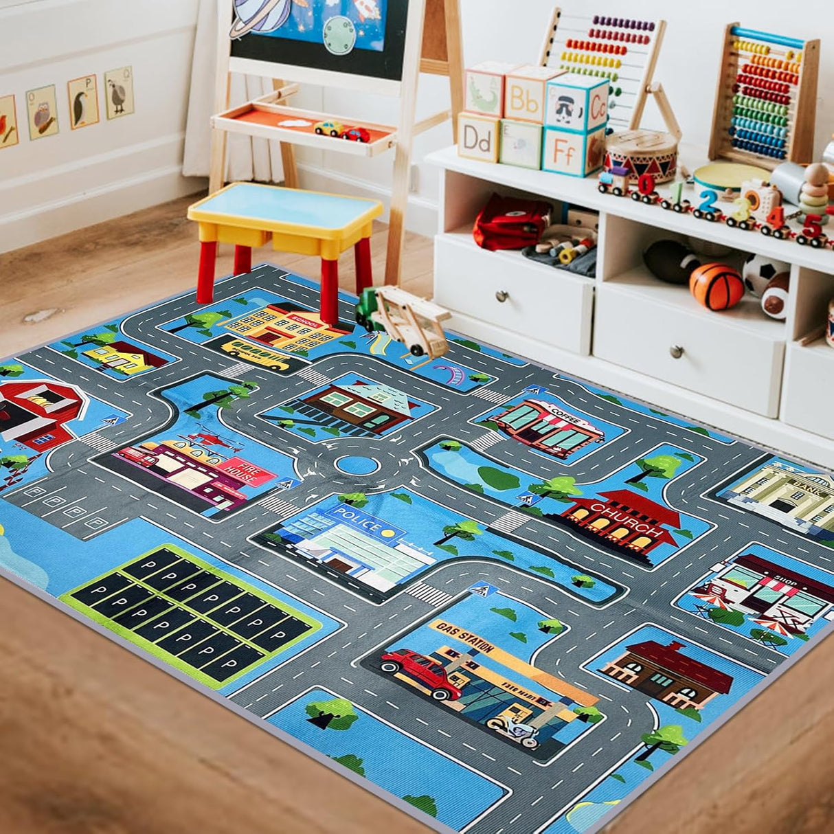 Play Mat Kids Rug Carpet Playmat Extra Large Learn Have Fun Safe Road Traffic System Multi Color Study Activity Centerpiece Play Mat for Playing with Cars for Bedroom Playroom