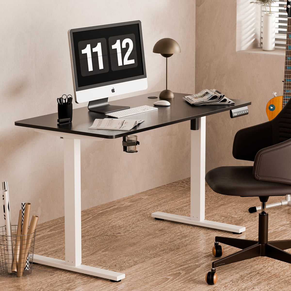Electric Height Adjustable Standing Desk Whole-Piece Desktop Sit Stand Up Computer Desk Workstation with Memory Controller for Home, Office, Gaming 120×60cm (White Frame + Black Top)