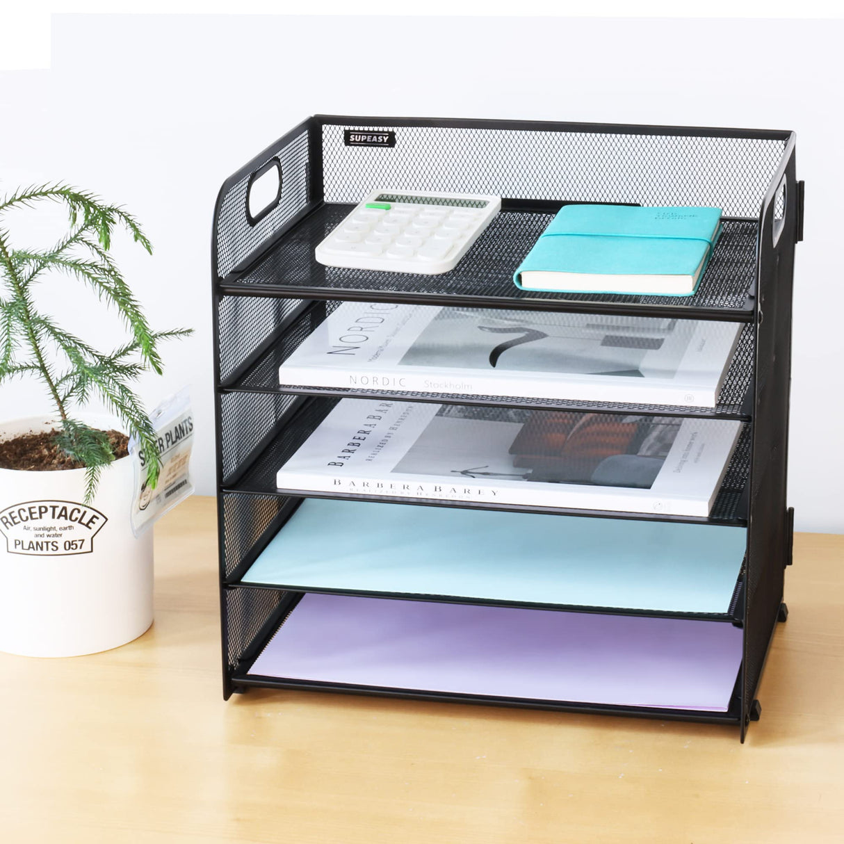 5 Trays Paper Organizer Letter Tray with Handle-Mesh Desk File Organizer,Black Paper Sorter Desk Organizer for Office,Home or School